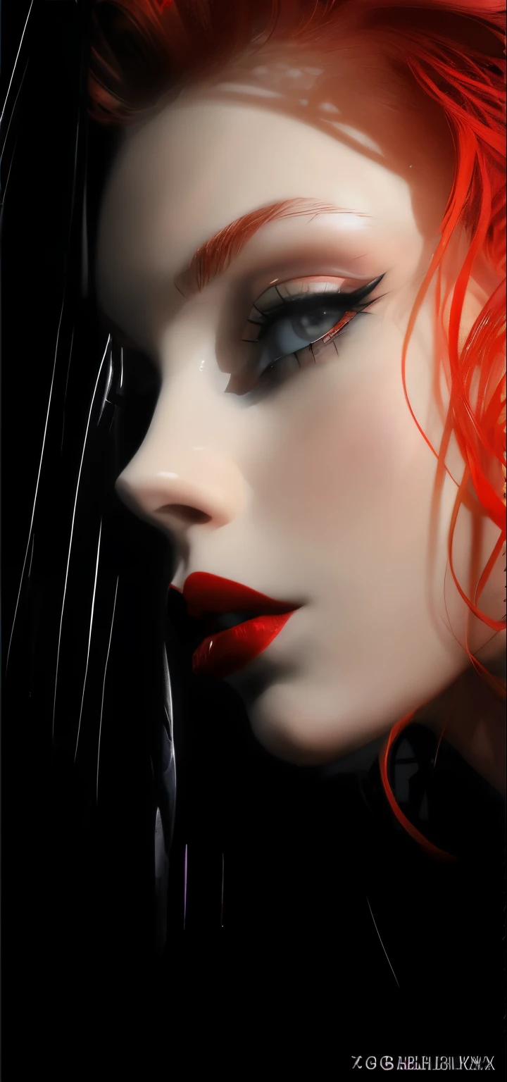 A red hair、Close up of woman on black background, Girl with red hair, gothic girl face, Detailed face with red lips, Girl with red hair, faint red lips, gothic face, Cute face. dark fantacy, beautiful gorgeous digital art, Red head, gorgeous digital art, Epic 3D abstract mood girl, red hair, Red-haired woman
