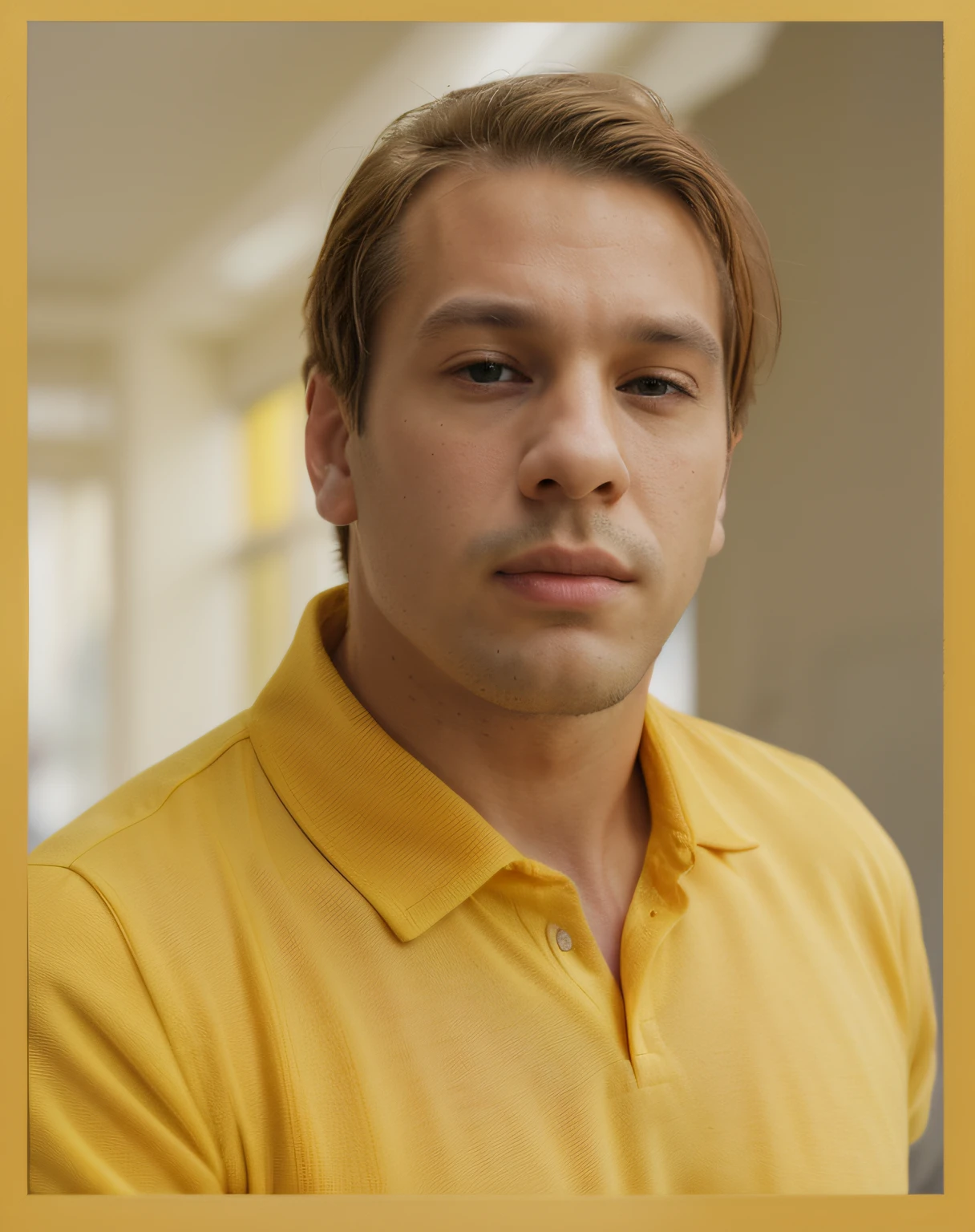 Portrait of a man, wearing a yellow collared t-shirt, profile
