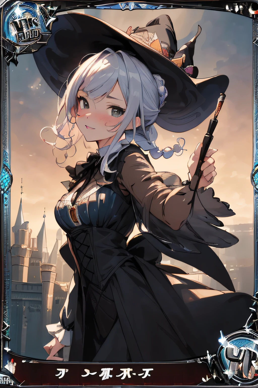 ( Trading Card Game Frames:1.7),(3D anime fantasy art:1.3),(Portrait of a witch with a magic wand:1.3),(Cinderella's Castle in the background:1.3),(((victorian gothic dress:1.3))),(((Black Witch'large hat:1.3))),Cute and beautiful girl,Cute round face,Cute smile,with blush cheeks,Red Lip,(silver white hair,Floral braided headband,half up、Floral Braided Space Van,Voluminous Fishtail Braids,Twisted chignon,),(Bangs are see-through bangs),hair pin,hair adornments,detailed clothes features,Detailed hair features,detailed facial features,(Dynamic angles),(Dynamic and sexy poses),Cinematic Light,(masutepiece,top-quality,Ultra-high resolution output image,depth of fields,intricate detailes,Make the subject look three-dimensional with the contrast of light and shadow,) ,(The 8k quality,Anatomically accurate facial structure,),(Sea Art 2 Mode:1.3),(Image Mode Ultra HD,)