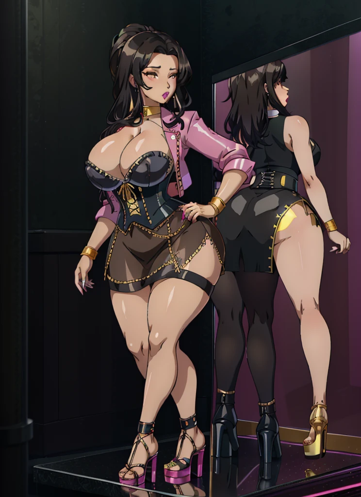 y, ensaio sensual, realistic, (full body), solo, 1girl, dark skin matmale, dark skinned female, (gyaru, goth, bimbo), hhest, long legs, huge thighs, huge calves, flat belly, fit, tiny narrow waist, glowing eyes, huge hips, thick lips, glowing lipstick, long eyelashes, long dark hair, thin toned body, (reflective hair bow in pink, gold steampunk corset). (translucent skirt, cyberpunk skirt, hobble skirt, long skirt, pencil skirt). (gotou airi, glass platform heels, luminescent bracelets, 1960s black woman nicki minaj), detailed face, detailed body