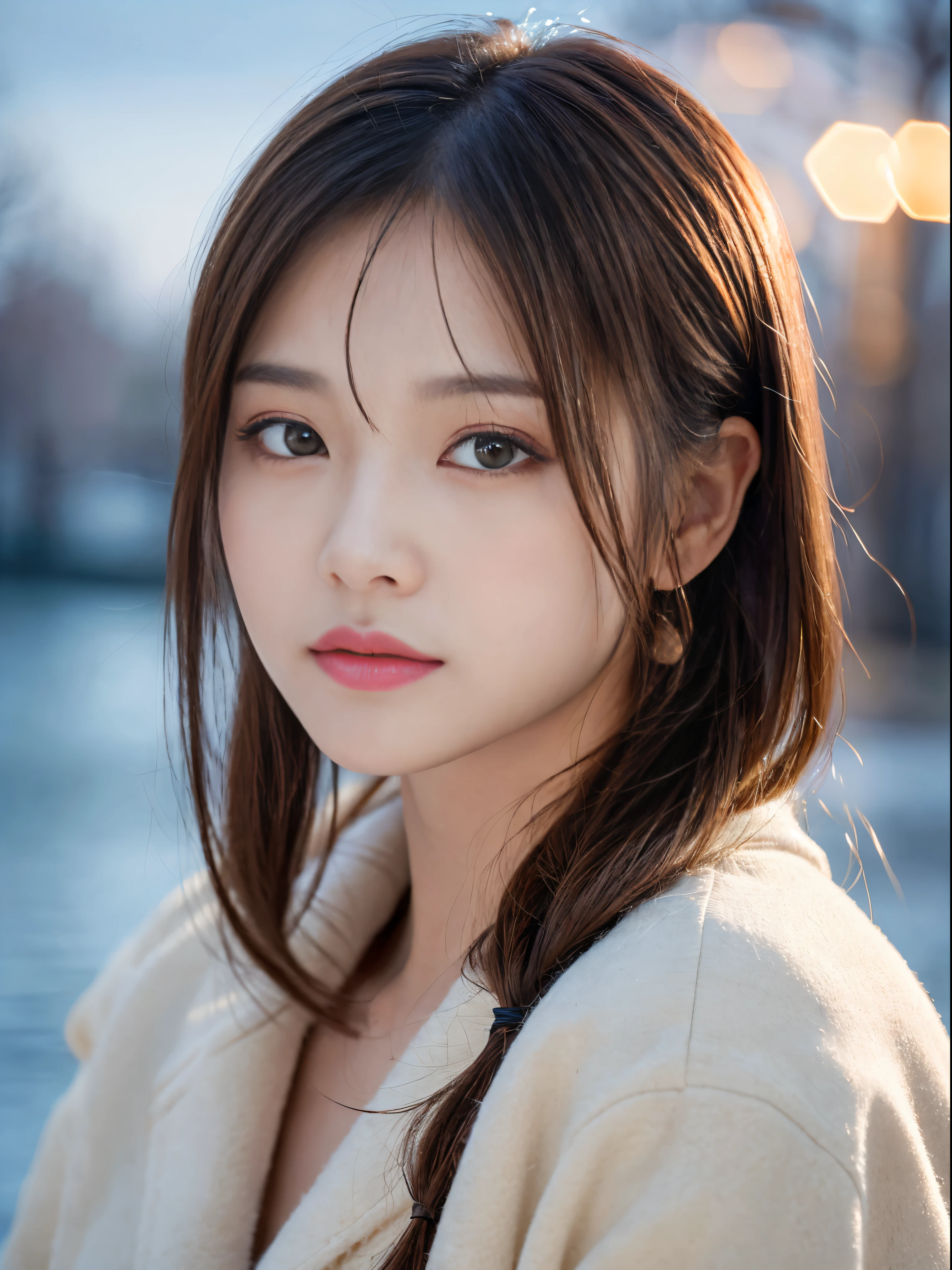 (masterpiece:1.3), (8K, Photorealsitic, Raw photography, The background is a winter park.........、Top image quality: 1.4), 23-year-old girl、Super Detail Face、Eye of Detail、二重まぶた、foco nítido:1.5、prety woman:1.4、light brown hair、poneyTail、Natural Color Lip、top-quality、masterpiece、超A high resolution、(Photorealsitic:1.4)、very detailed and professional lighting、Women's fashion in winter、a miniskirt、slender、serious facial expression、Transparent skin、randome pose、Glowing hair、