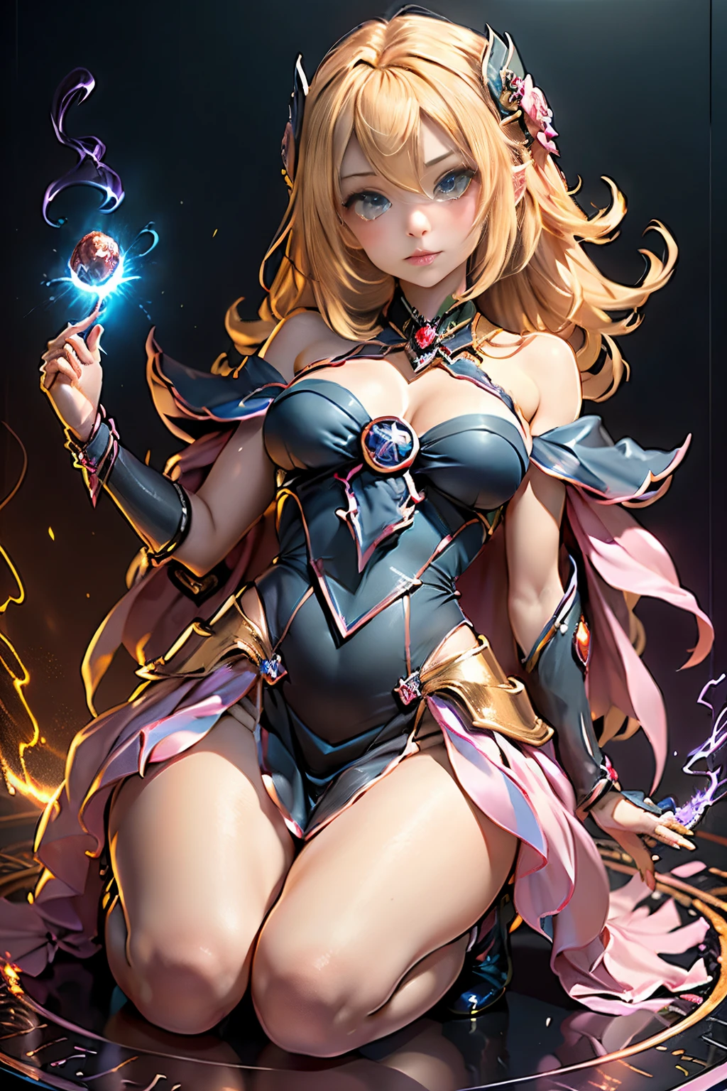 (obra maestra:1.2), (Mejor calidad:1.2), (Delicate representation)、(Calidad de imagen superior)、8k,Magia realista、Foto RAW、Palo fotorrealista、Perfect lighting, La chica maga oscura (Hechizos de lanzamiento: 1.3), in her 20s, (flotando en el aire: 1.3), Medio, escote transparente, Desde arriba, destellos, (Hands with magical effects: 1.4 )Magia en tus manos, Antecedentes del apocalipsis、una rubia、Magia a tu alcance、y dibuja el cuerpo completo、Dibujar desde el frente、((((kawaii))))