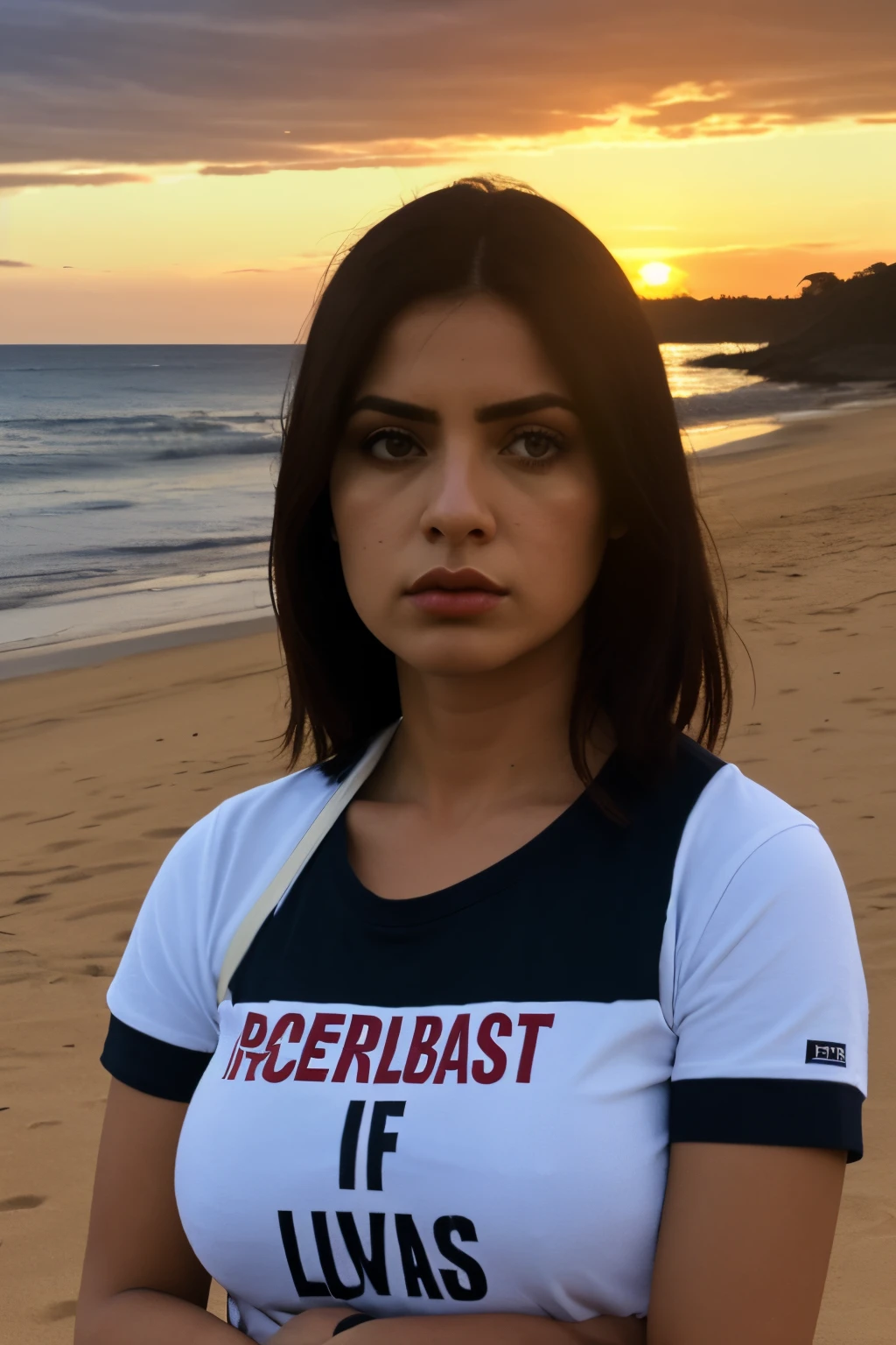 foto de corpo inteiro da Pri_mulher ianca, cabelos castanhos longos, vestindo uma camiseta preta ao ar livre, in the sunset, extremamente detalhado, detalhes intrincados, detalhes finos, Detalhe cuidadoso, Retrato de perto, master part, best quality, ultra-detalhado