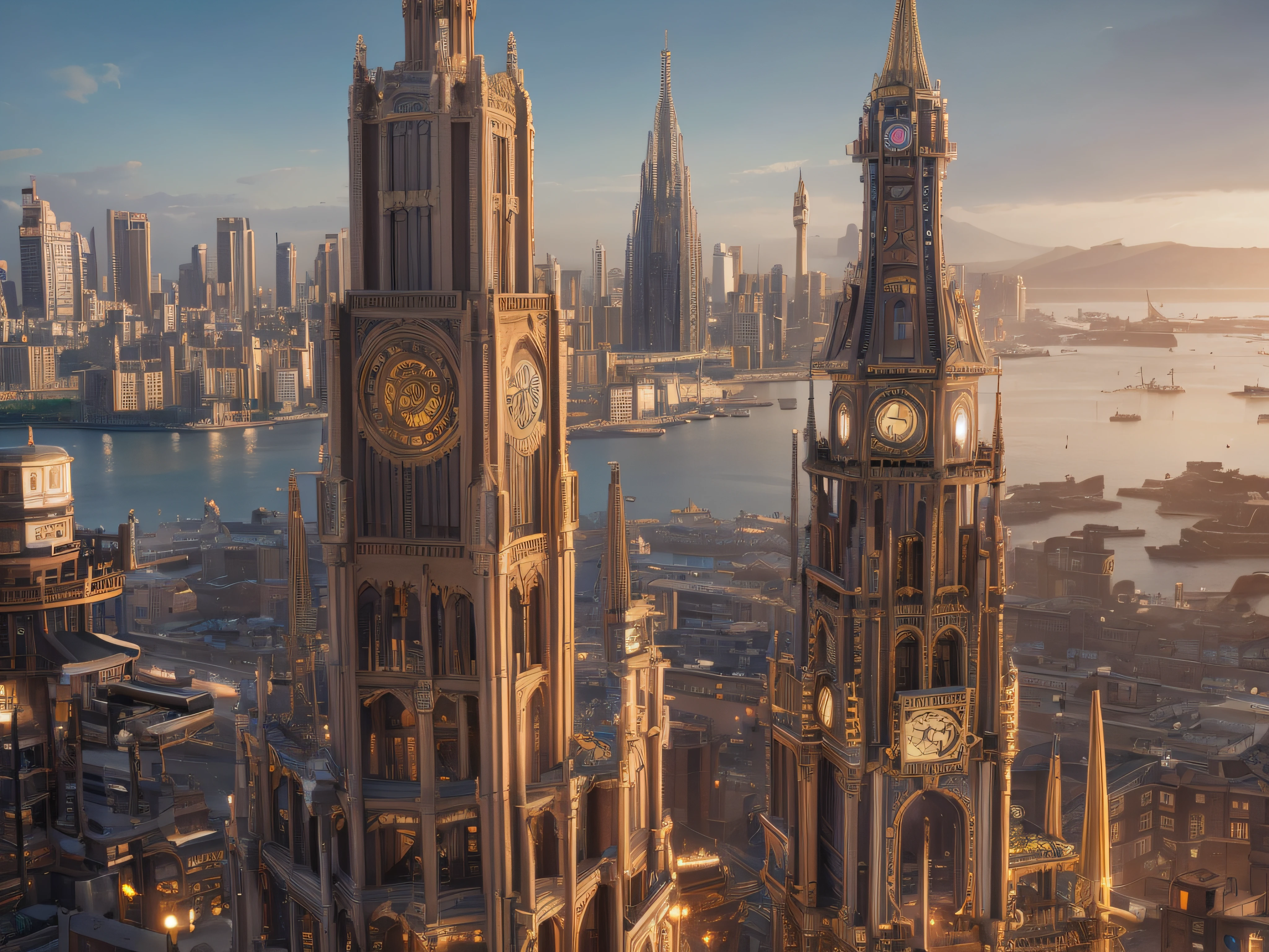 Create an 8K cityscape with buildings resembling intricate steampunk machinery, complete with gears, pipes, and Victorian-inspired architecture, all powered by fantastical energy sources.