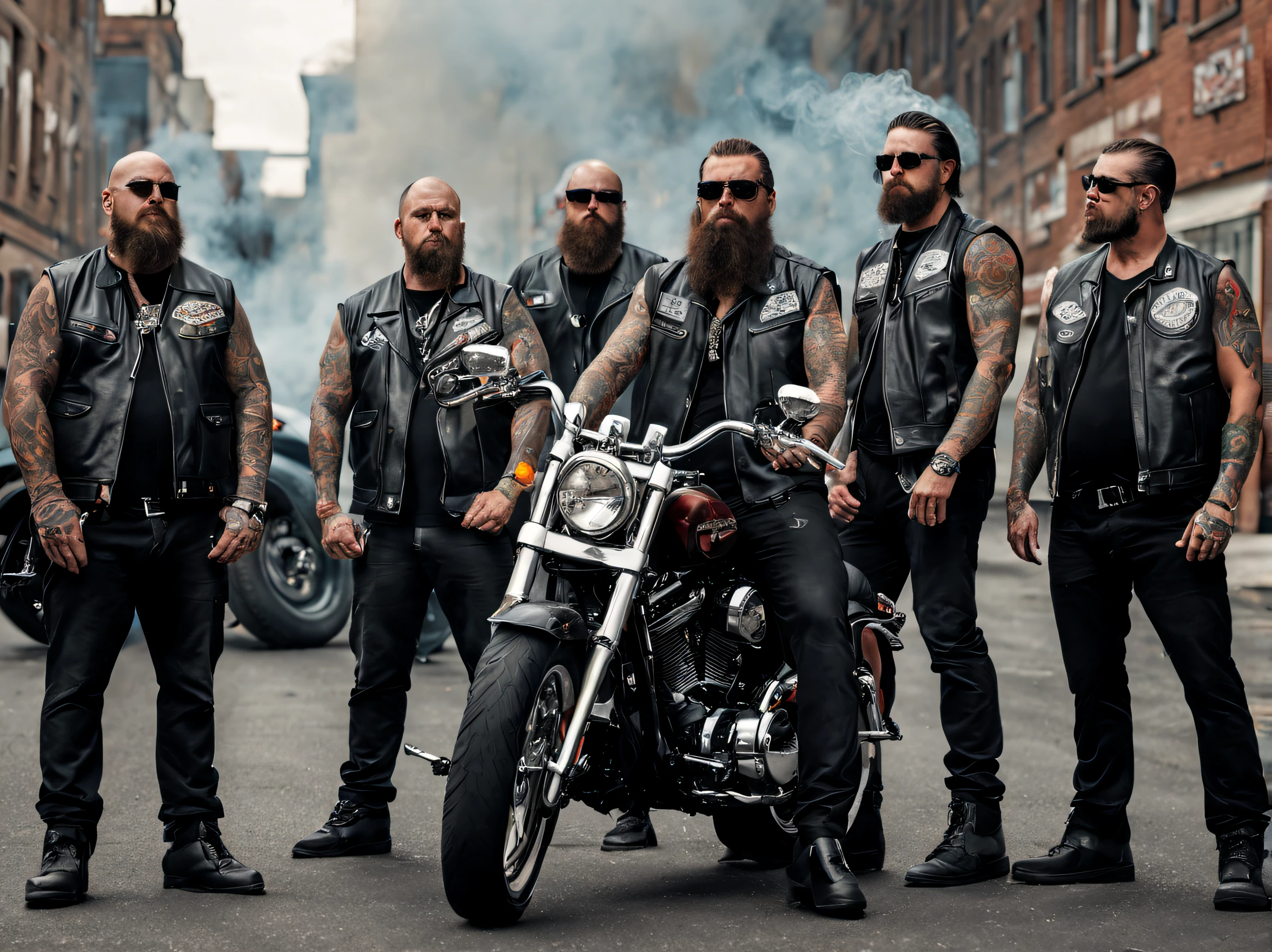 many american biker gangs ride harley davidson, (harley davidson: 1.3) tough, macho, brutal, violent, fierce, intimidating, dressed in biker gang style, tattoos, smoking a cigarette. standing in the middle of a street.