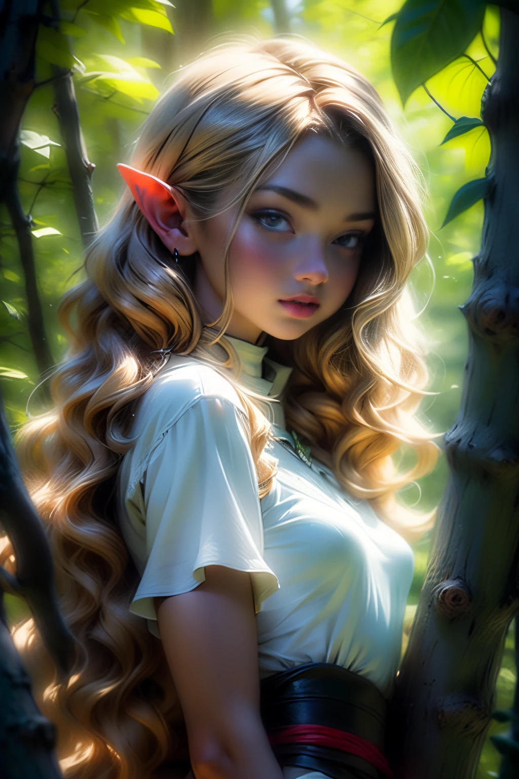 (masterpiece, best quality), 1girl, intricate details, blonde, leaf, wavy hair, looking at viewer, elf, small breasts, upper body, forest, frills, mist