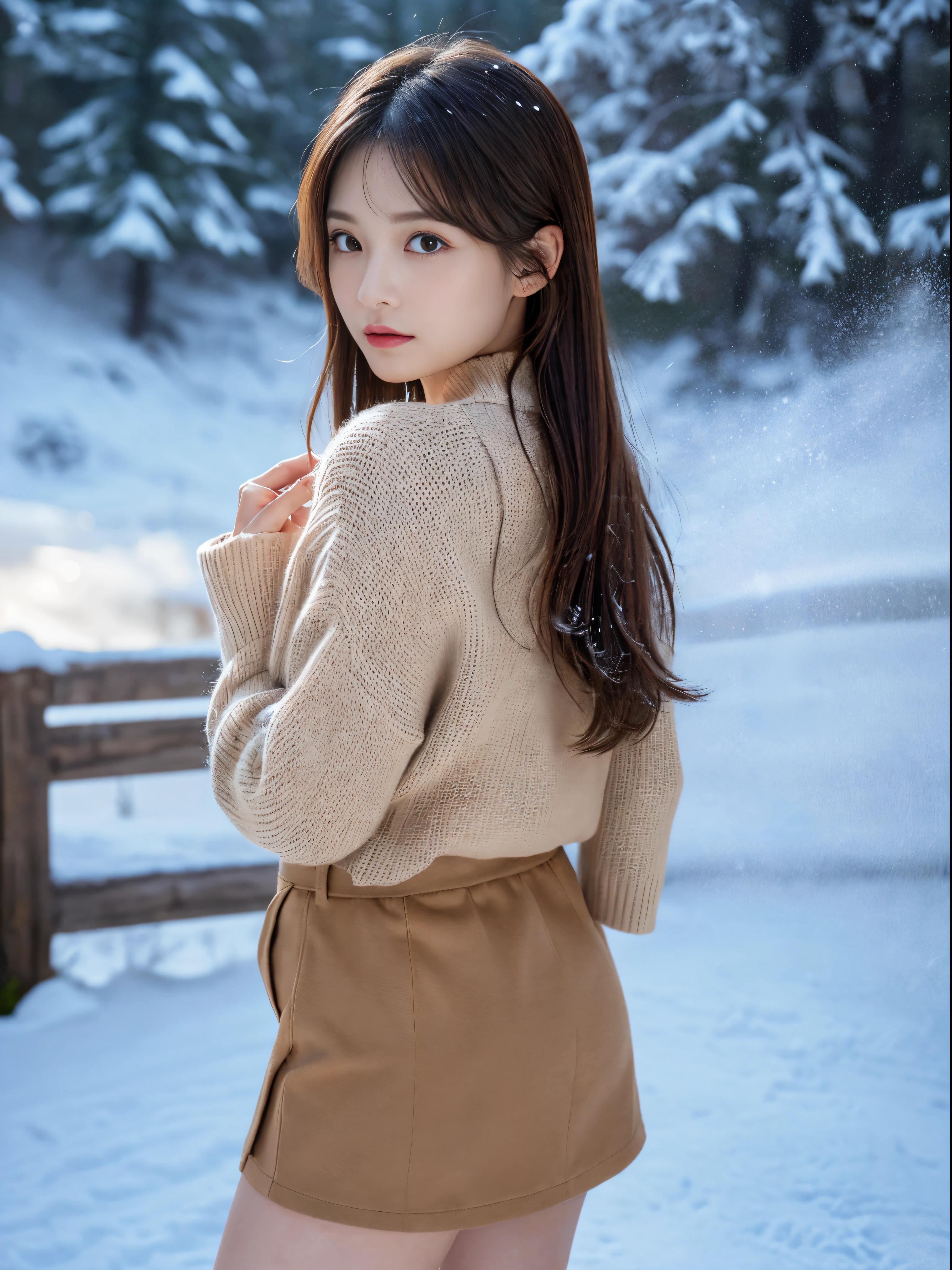 (​masterpiece:1.3), (8K, Photorealsitic, Raw photography, The background is a winter park with falling powder snow...........、Top image quality: 1.4), 23-year-old girl、Super Detail Face、Eye of Detail、二重まぶた、foco nítido:1.5、prety woman:1.4、light brown hair、poneyTail、Natural Color Lip、top-quality、​masterpiece、超A high resolution、(Photorealsitic:1.4)、very detailed and professional lighting、Women's fashion in winter、a miniskirt、slender、serious facial expression、Transparent skin、randome pose、Glowing hair、