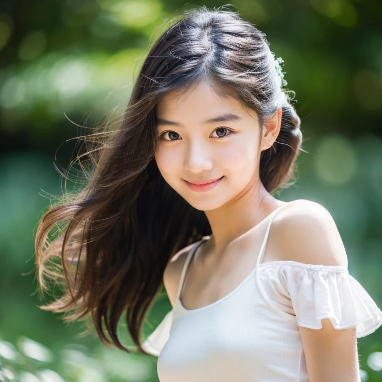 , Adorable, japanaese girl, 17 agerait ,   (Ruffled White Tank Top:1.0) , (Flat nose:1.1), hair scrunchie, Twin-tailed  , (High color saturation,catchlight:1.0),  (highlydetailed skin), (Best Quality:1.0), (超A high resolution:1.0) ,(photographrealistic:1.0), (ultra-detailliert:1.0), (8K, Raw photo:1.1),( Smile:0.8),Looking at Viewer