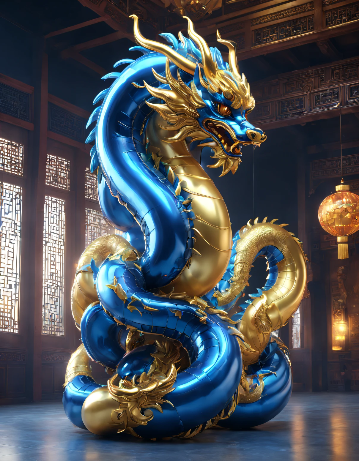 （balloon art design），（Chinese dragon made of blue and gold balloons of various shapes），Half cyberpunk，Complex and gorgeous CG style, hyper detailed 3d render,, c4d, Rendered by Octane, Blander, 8K, k hd， com mascot，Holographic Chinese Palace