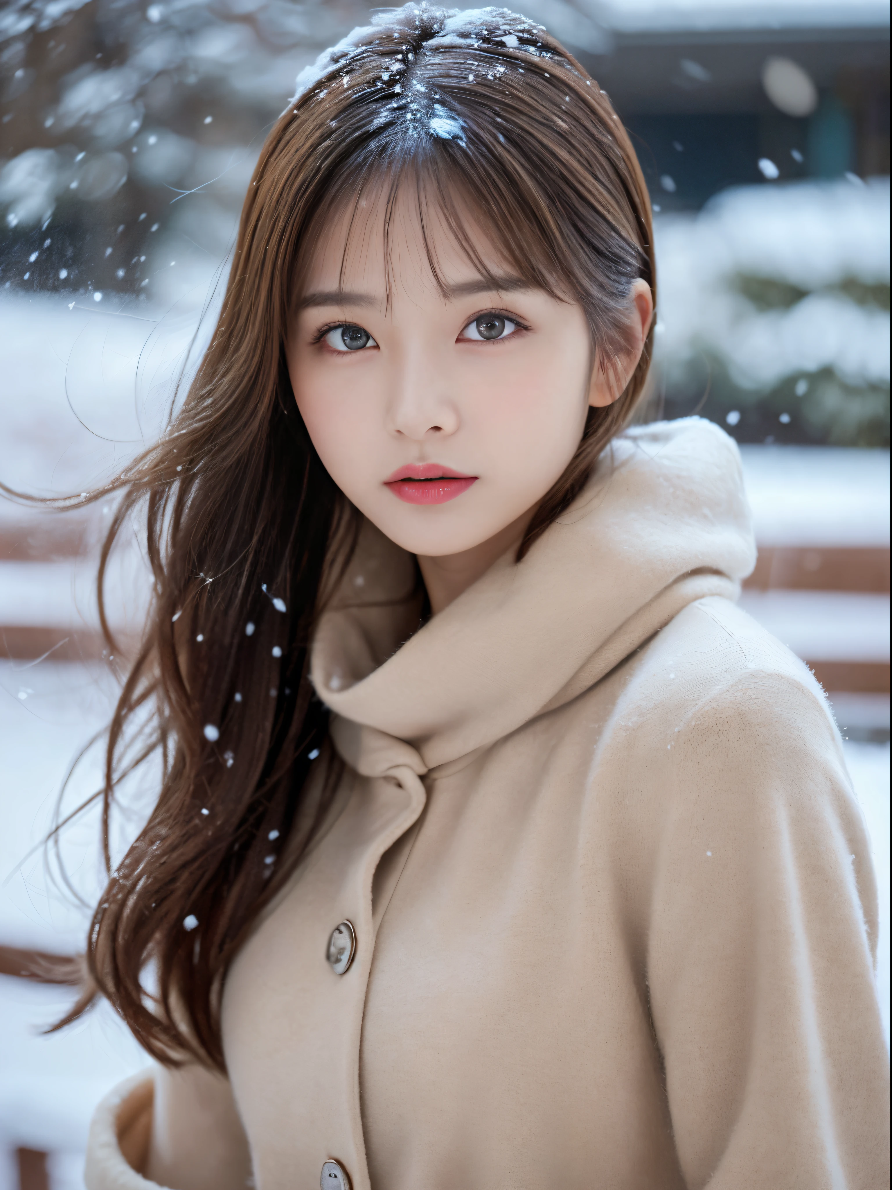 (masterpiece:1.3), (8K, Photorealsitic, Raw photography, The background is a winter park with falling powder snow.............、Top image quality: 1.4), 23-year-old girl、Super Detail Face、Eye of Detail、二重まぶた、foco nítido:1.5、prety woman:1.4、light brown hair、poneyTail、Natural Color Lip、top-quality、masterpiece、超A high resolution、(Photorealsitic:1.4)、very detailed and professional lighting、Women's fashion in winter、a miniskirt、slender、serious facial expression、Transparent skin、randome pose、Glowing hair、