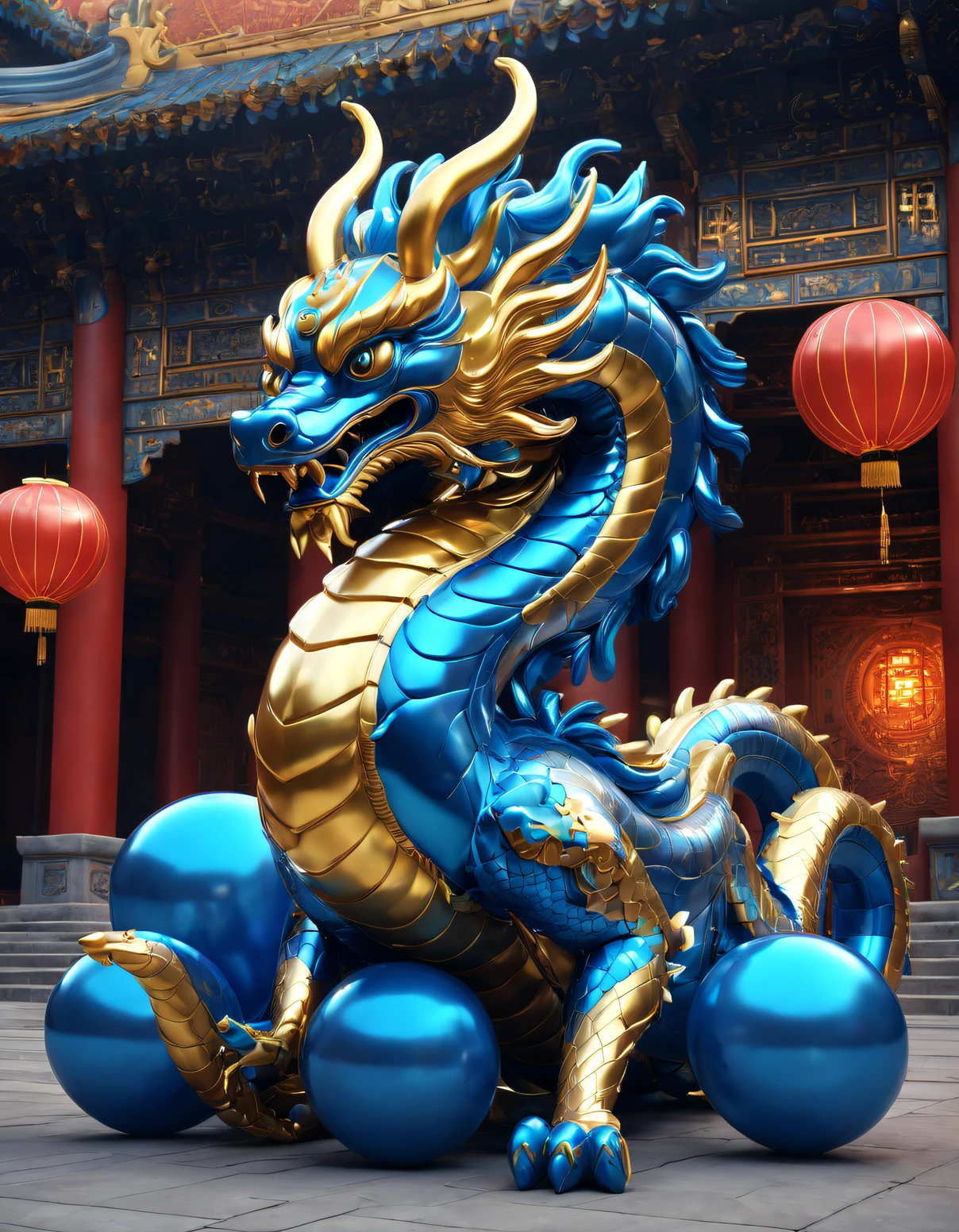 （balloon art design），（Chinese dragon made of blue and gold balloons of various shapes），Half cyberpunk，Complex and gorgeous CG style, hyper detailed 3d render,, c4d, Rendered by Octane, Blander, 8K, k hd， com mascot，Holographic Chinese Palace