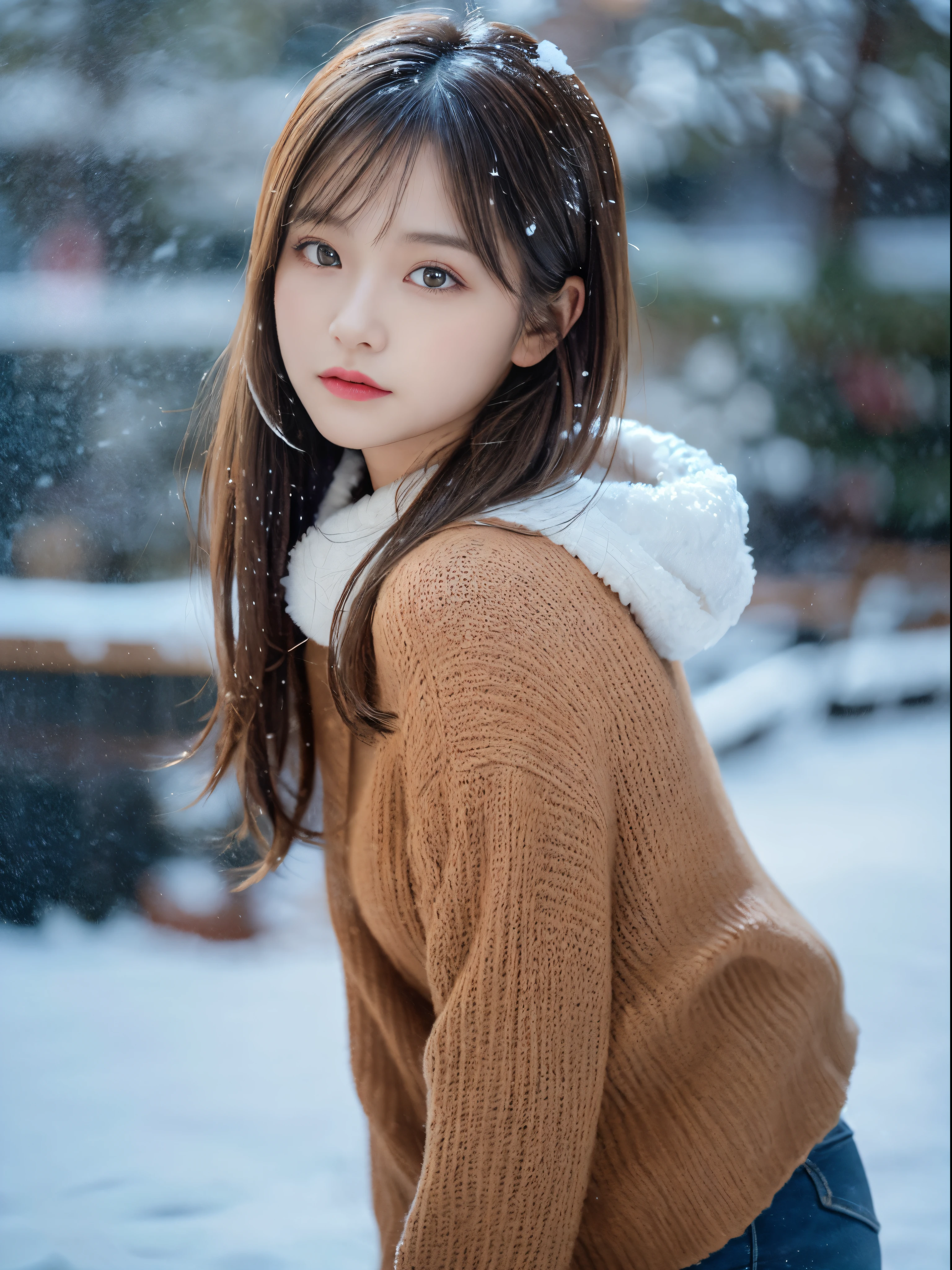 (masterpiece:1.3), (8K, Photorealsitic, Raw photography, The background is a winter park with falling powder snow.............、Top image quality: 1.4), 23-year-old girl、Super Detail Face、Eye of Detail、二重まぶた、foco nítido:1.5、prety woman:1.4、light brown hair、poneyTail、Natural Color Lip、top-quality、masterpiece、超A high resolution、(Photorealsitic:1.4)、very detailed and professional lighting、Women's fashion in winter、a miniskirt、slender、serious facial expression、Transparent skin、randome pose、Glowing hair、