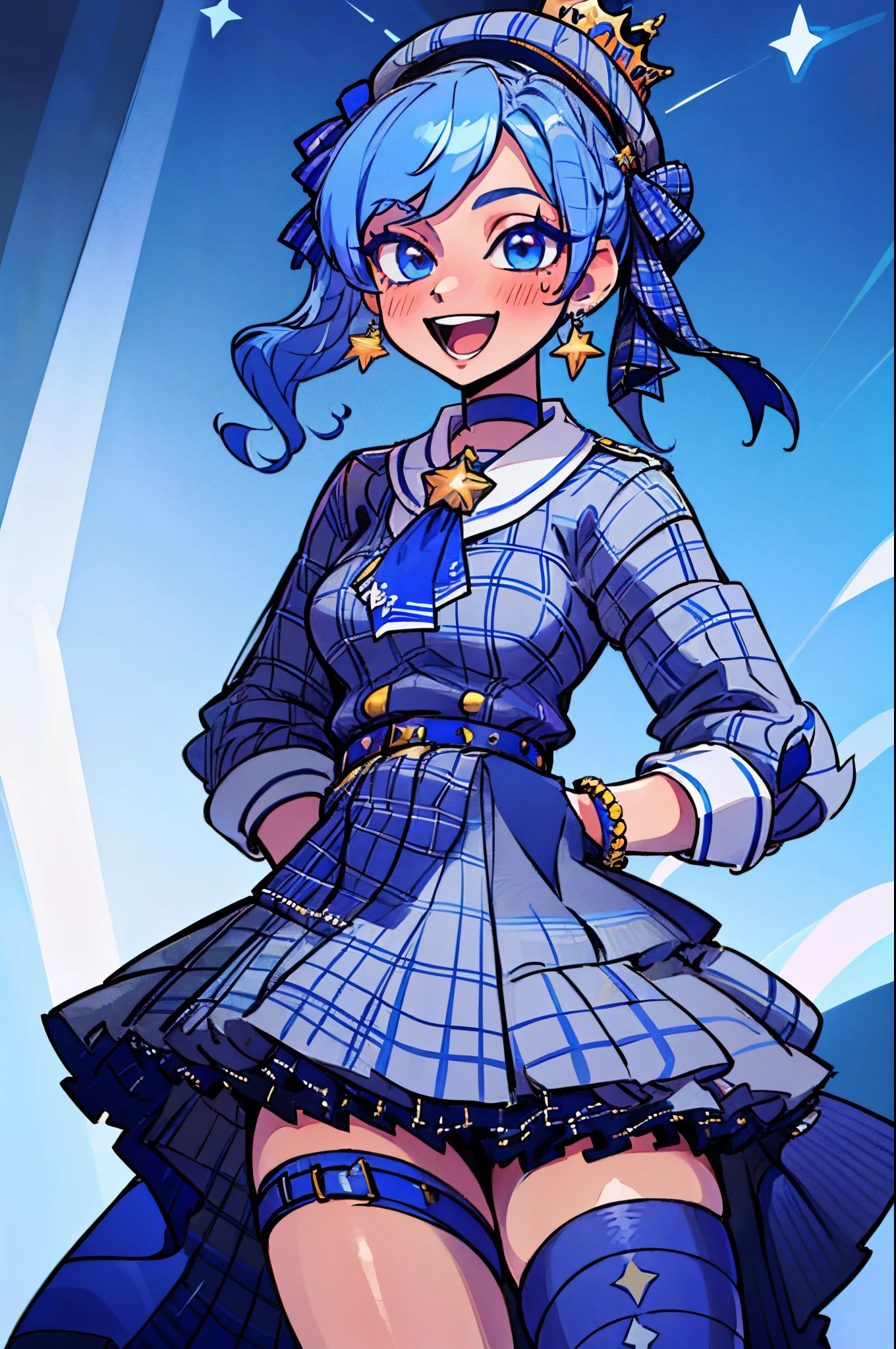 masterpiece, best quality, absurdres, perfect anatomy, SuiseiBase, plaid beret, crown, blue star choker, star earrings, blue ascot, plaid jacket, plaid skirt, layered skirt, partially fingerless gloves, star bracelet, uneven legwear, thigh strap, on stage, spotlights, hands on hips, smile, :d, blush