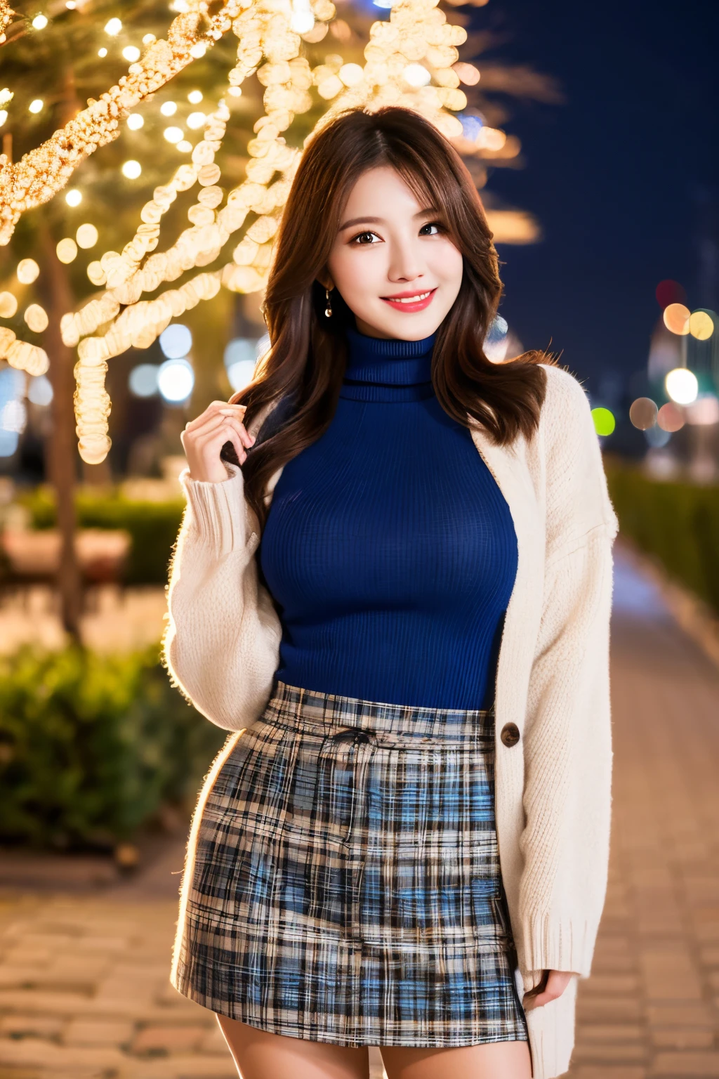 Masterpiece, top quality, high resolution, amazingly beautiful woman, unsexy winter fashion, wearing turtleneck sweater, Blue plaid skirt, straight hair, small breasts, natural color lips, smile, Christmas night Cityscape, gorgeous Christmas tree illumination background, looking at camera, (((full body shot))),