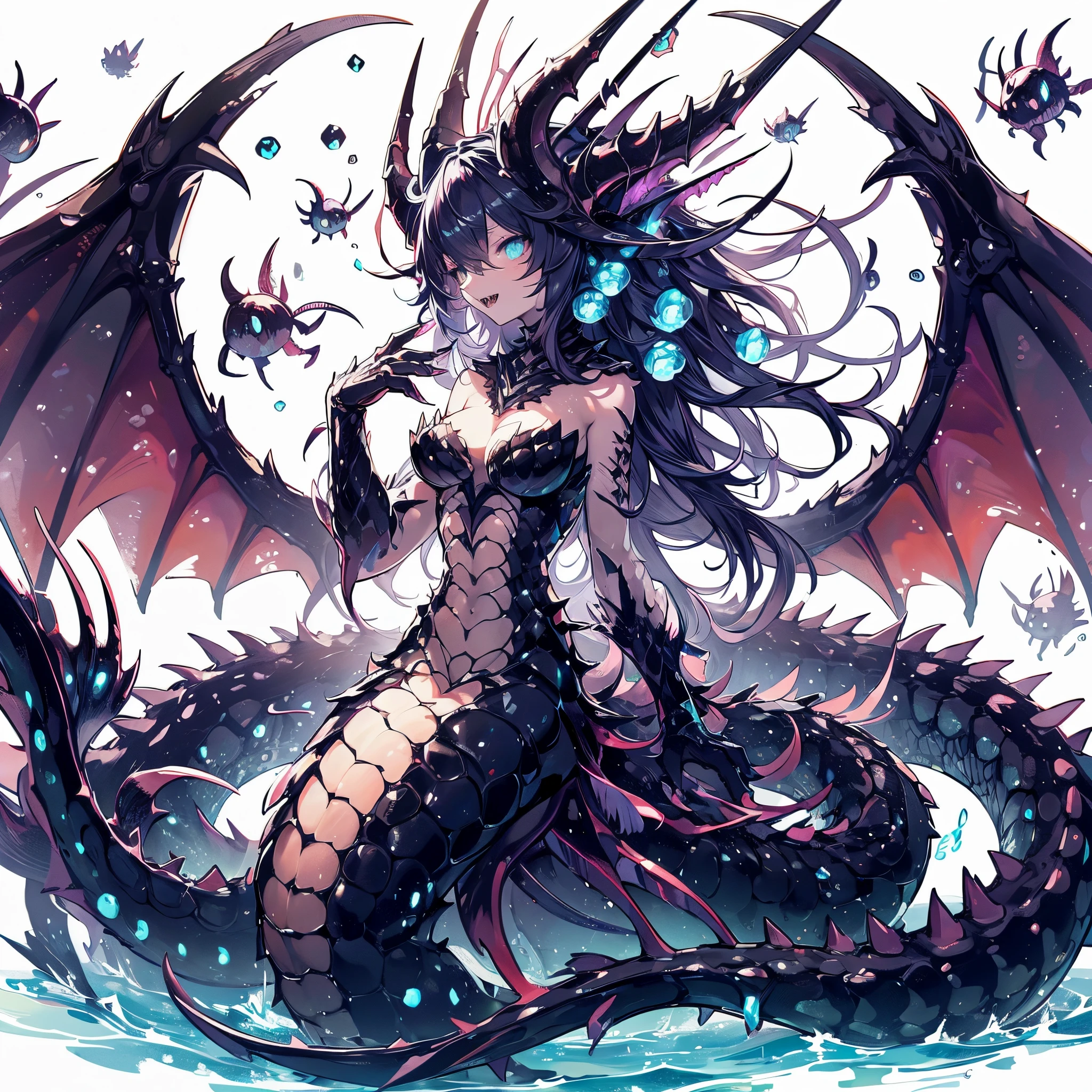 charybdis. Female Dragon. deep sea fish element. furryfemale. black body. Stinging. sharp teeth. Luminous. luminescent organ. Tentacles. anime style.