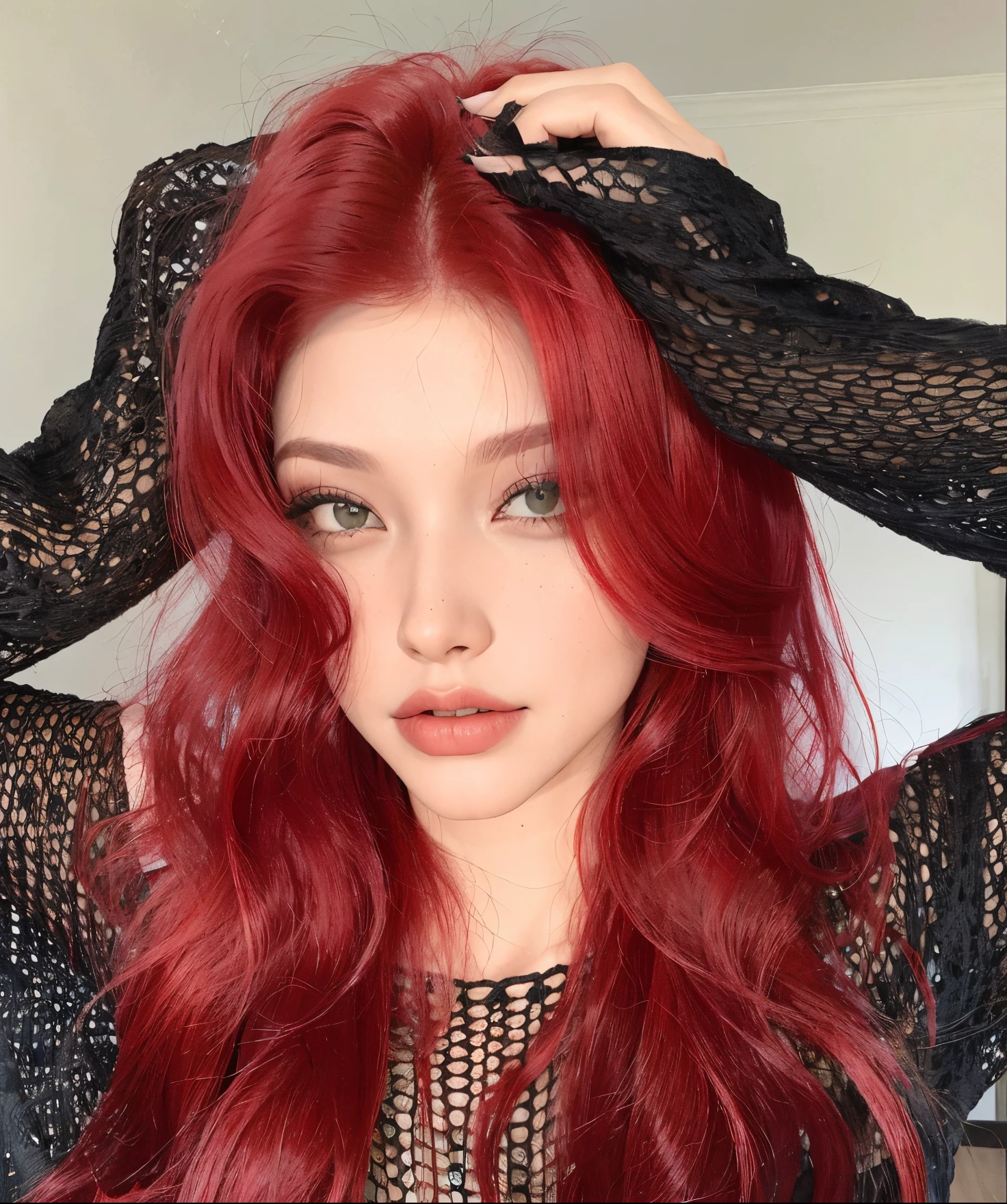 mulher arafed com cabelo vermelho e top preto posando para uma foto, cabelos tingidos de vermelho, com cabelos ruivos cacheados, com longos cabelos ruivos, com cabelos ruivos, peruca vermelha, cabelos vermelhos carmesim e olhos vermelhos, cabelos ruivos brilhantes, cabelos ruivos vibrantes, red hair and attractive features, red hair, cabelos ruivos ondulados e vibrantes, messy square vibrant red hair, cabelos longos vermelhos