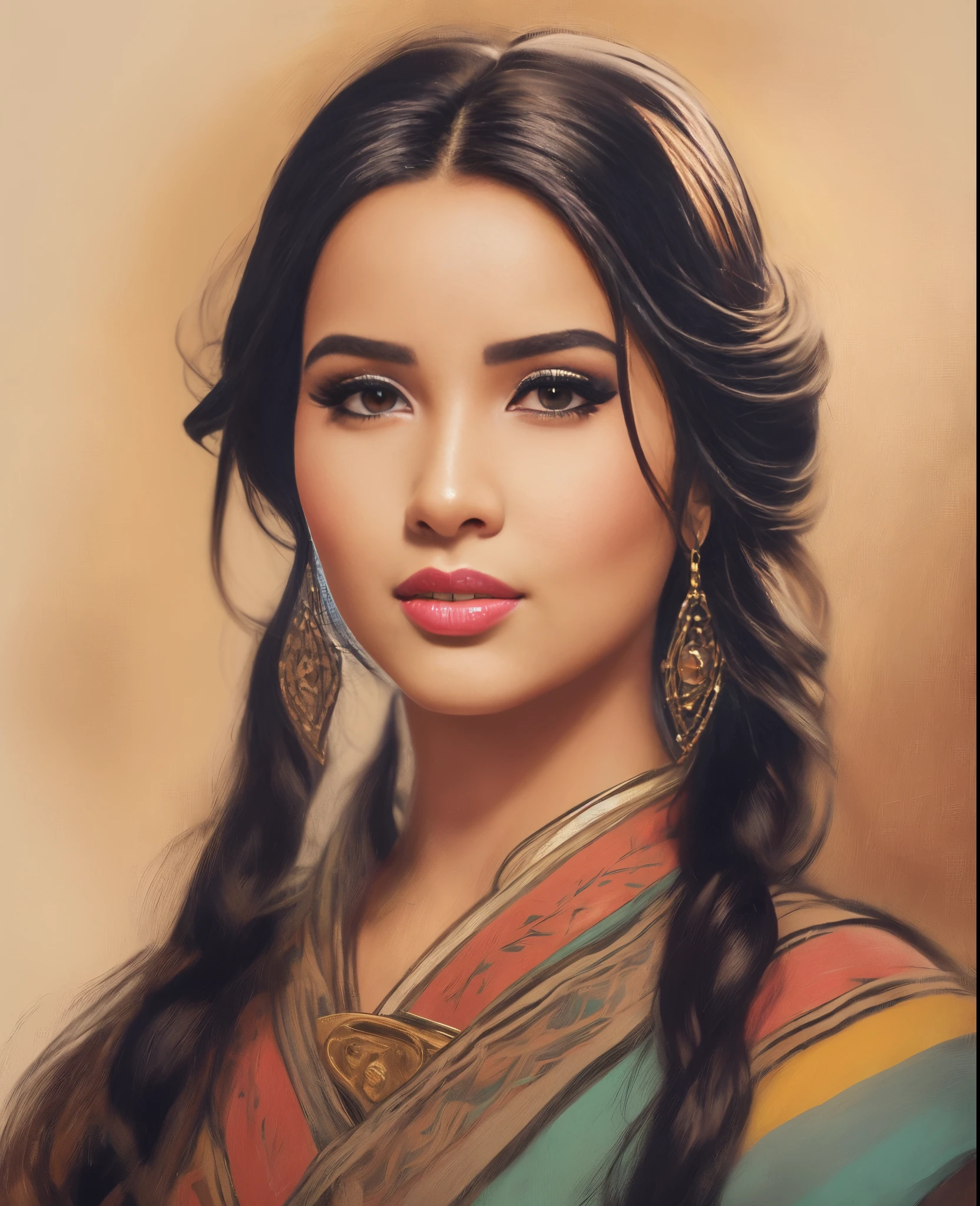 um close up de uma mulher com cabelos longos usando um vestido colorido, pintura de personagem bonita, pintura realista da mulher espanhola, pintura de bonito, pintura digital bonita, lindo pintura digital, Princesa Libu antiga, pintura realista da menina bonito, Retrato de Demi Rose, pintura digital impressionante, pintura digital elegante, retrato bonito detalhado, Retrato da princesa asteca, beleza tradicional, Mulher mexicana bonita