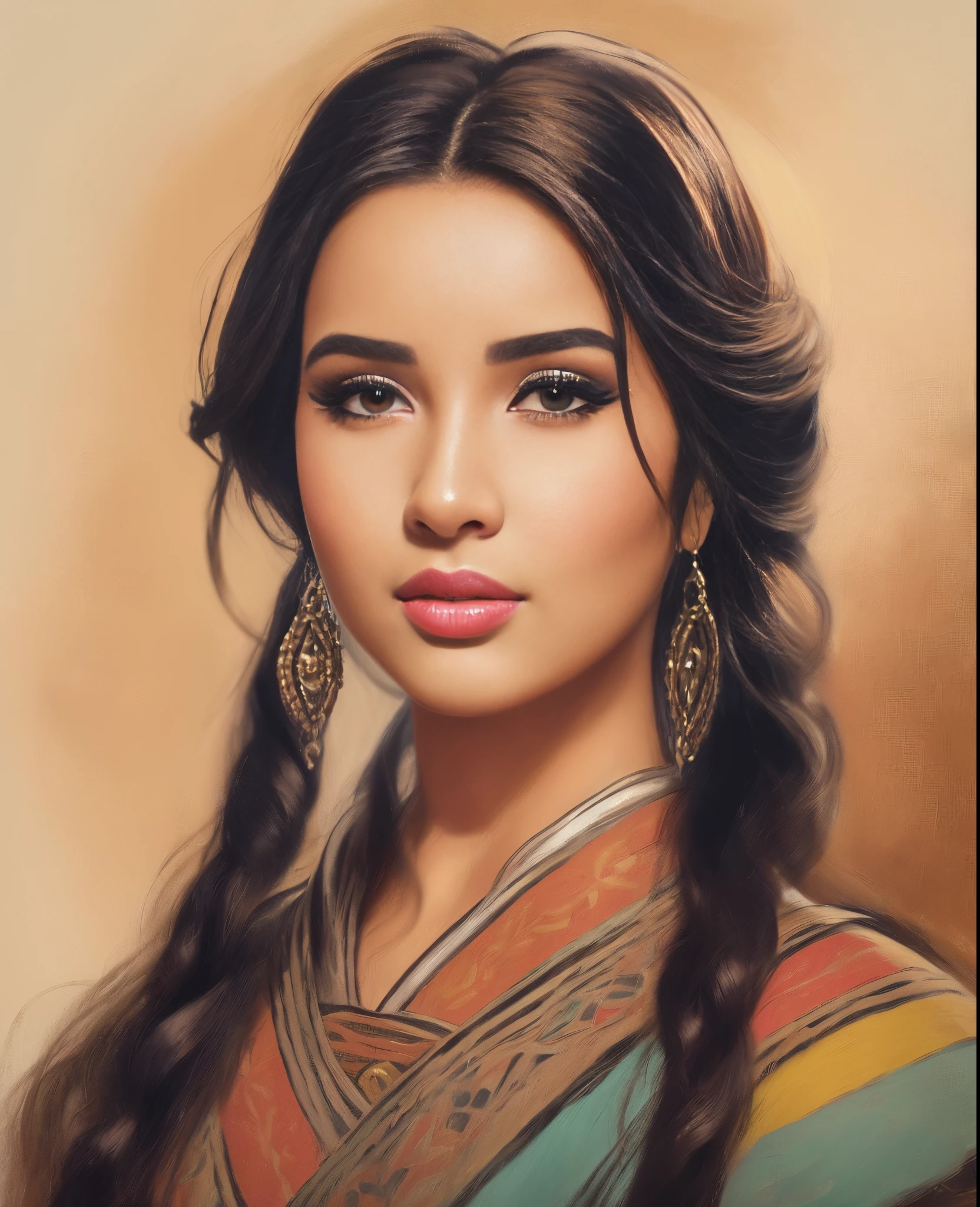 um close up de uma mulher com cabelos longos usando um vestido colorido, pintura de personagem bonita, pintura realista da mulher espanhola, pintura de bonito, pintura digital bonita, lindo pintura digital, Princesa Libu antiga, pintura realista da menina bonito, Retrato de Demi Rose, pintura digital impressionante, pintura digital elegante, retrato bonito detalhado, Retrato da princesa asteca, beleza tradicional, Mulher mexicana bonita