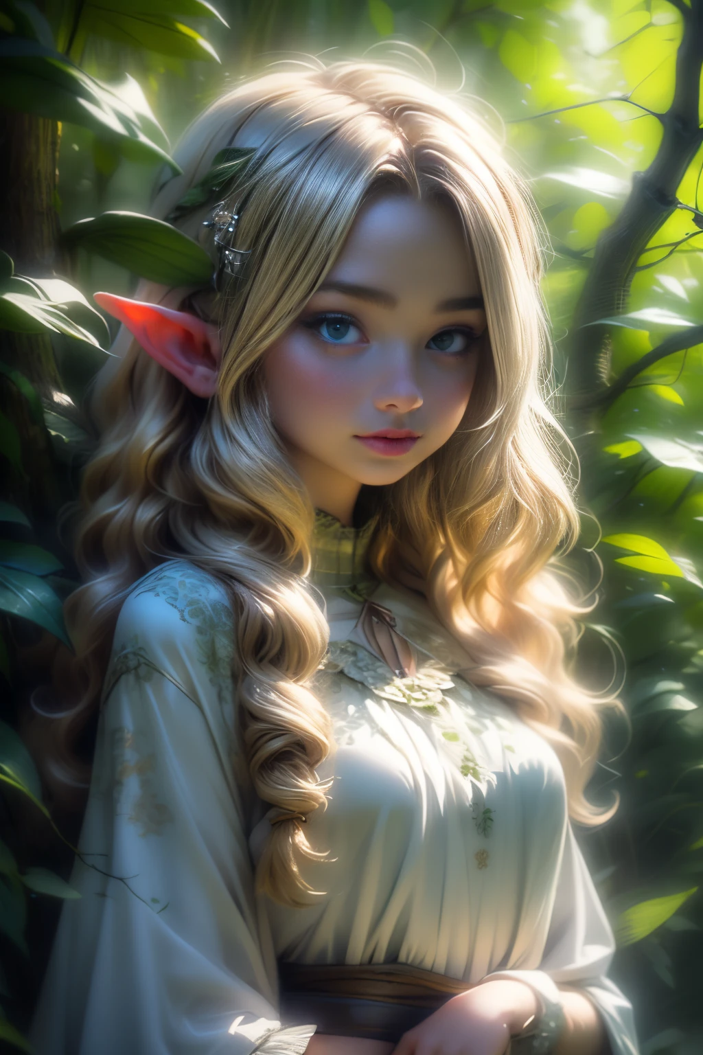 (masterpiece, best quality), 1girl, intricate details, blonde, leaf, wavy hair, looking at viewer, elf, small breasts, upper body, forest, frills, mist