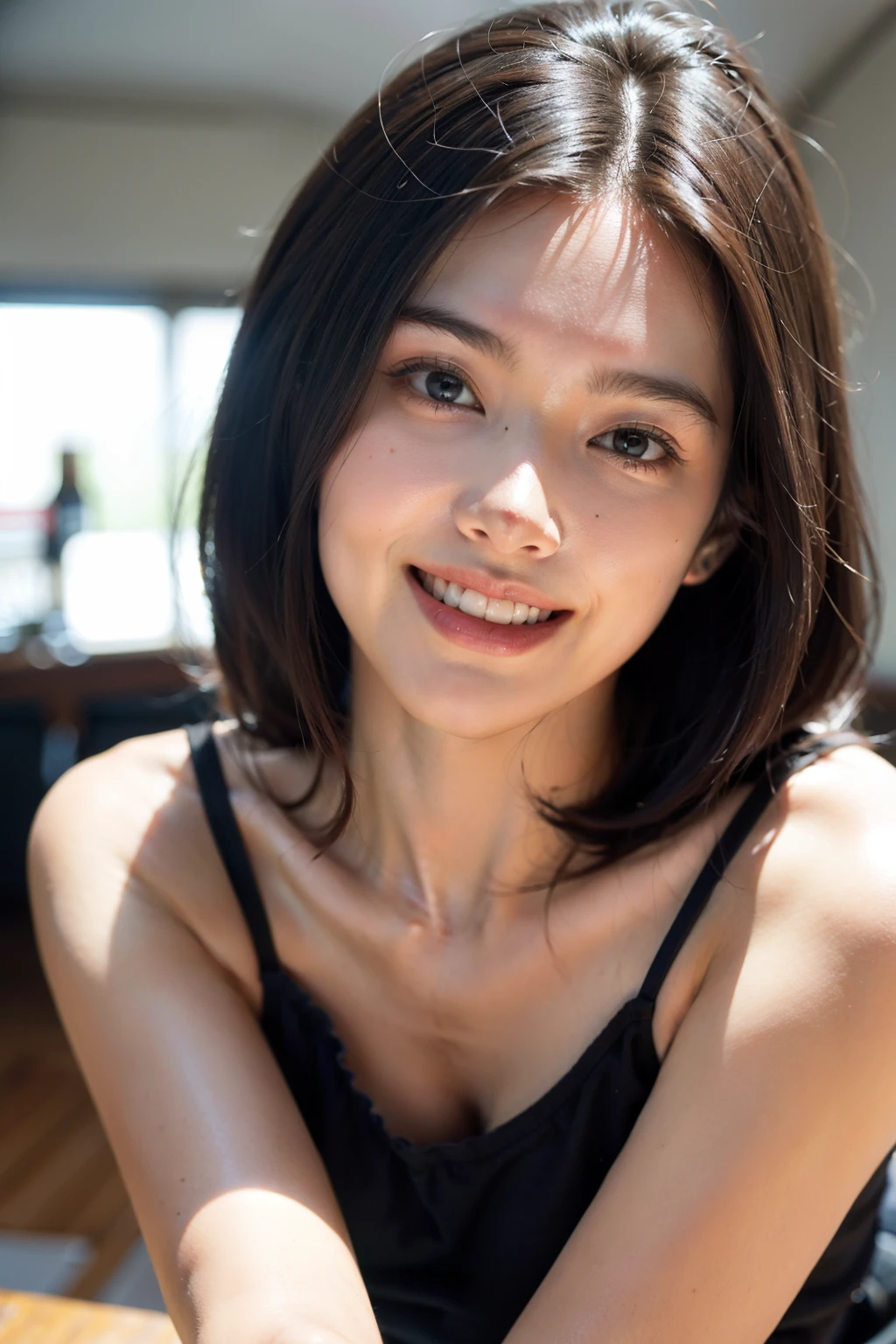 Very Short Hair　　Black Hair　A seductive smile　45 years old　Japanese　lingerie　G-cup breasts　Surreal