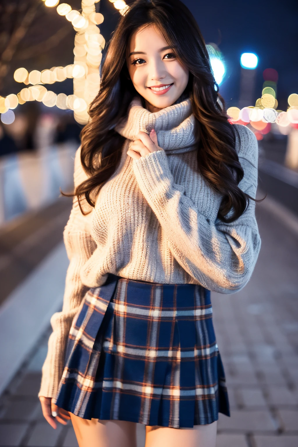 Masterpiece, top quality, high resolution, amazingly beautiful woman, unsexy winter fashion, wearing turtleneck sweater, Blue plaid skirt, straight hair, small breasts, natural color lips, smile, Christmas night Cityscape, gorgeous Christmas tree illumination background, looking at camera, ((full body shot)),