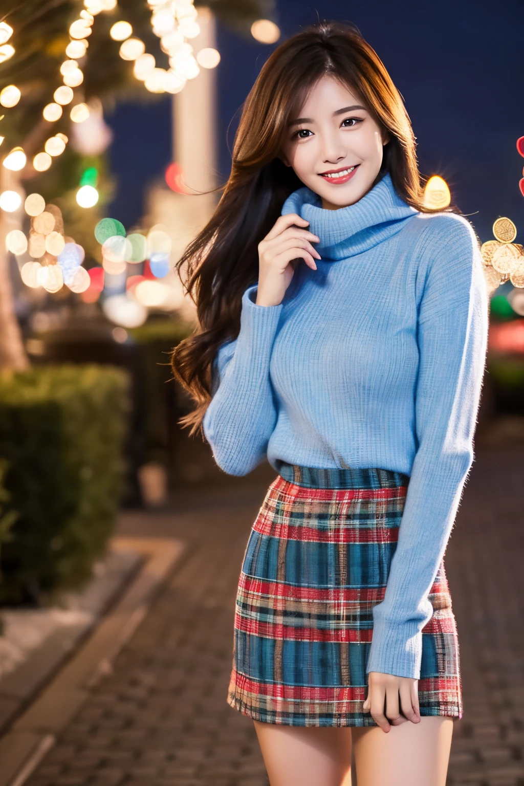 Masterpiece, top quality, high resolution, amazingly beautiful woman, unsexy winter fashion, wearing turtleneck sweater, Blue plaid skirt, straight hair, small breasts, natural color lips, smile, Christmas night Cityscape, gorgeous Christmas tree illumination background, looking at camera, ((full body shot)),