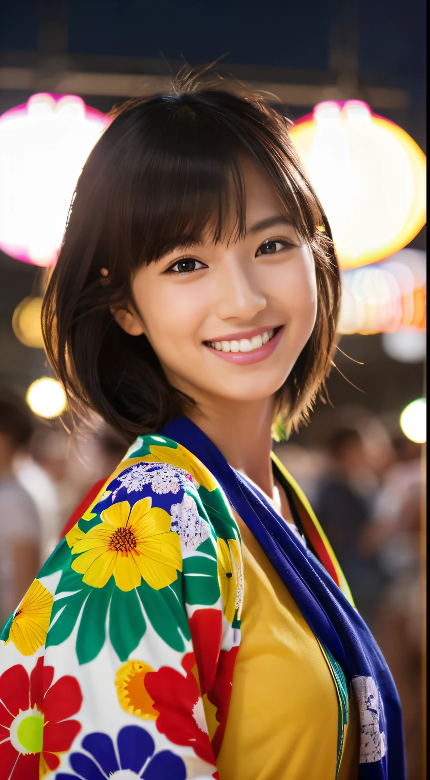 Ultra high-definition images,(8K, Best Quality, masutepiece:1.2), (Photorealistic:1.4), Raw photo, Best Quality, 超A high resolution, Best Shadow, (Full body:1.4), Women with long hair, Japanese Yukata,Great environment at scale, Highly detailed facial features, beautiful and flawless face, Perfect eyes,Full body painting, night festival venue festival lights,cheer her up Look at the camera Smiling and looking at the camera Summer festival bustle