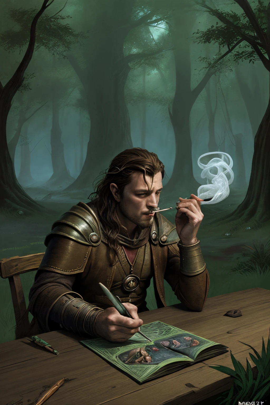 Wizard,man, smoking, lord of the rings style, forest, dream, D&D style, dungeons and dragons fantasy, comicbook, monsters handbook, Magic the Gathering srawing style, MTG Style.