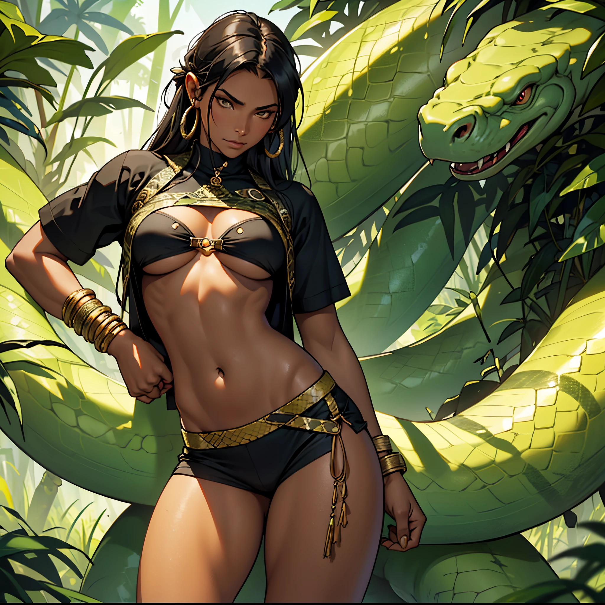masterpiece, Best Quality, detailed, Cinematics, 4k, Background with:Nestled deep in the jungle, Inca female warrior(An anaconda-like woman with dark skin and sharp eyes), Loose Clothes, snake magician,