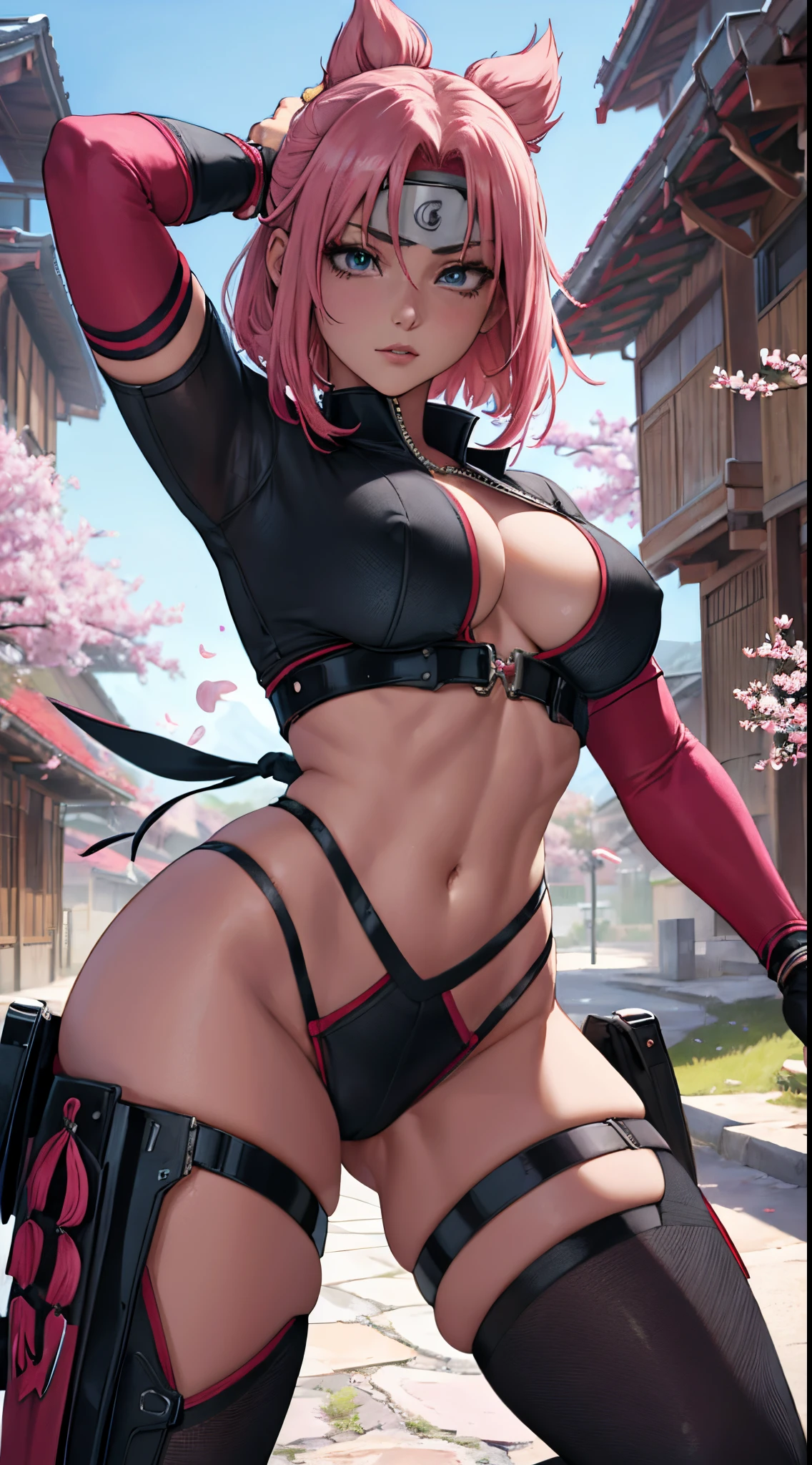 (best quality, highres, photorealistic), Haruno Sakura from the anime Naruto, , slender, wrapped in bandages (torso and chest), against the backdrop of the Village of Konoha, portraits, vivid colors, vibrant lighting, cherry blossoms, intense gaze, powerful stance, ninja headband, flowing pink hair, fierression, dynamic pose, intricate details, realistic textures, manga-inspired, energetic, confident, intense action, vibrant and lively atmosphere.