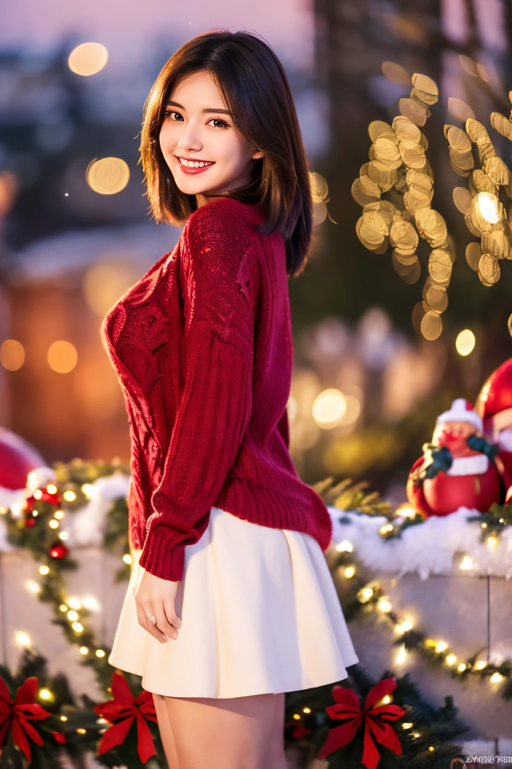 Masterpiece, top quality, high resolution, amazingly beautiful woman, unsexy winter fashion, wearing a deep red sweater, white skirt, shoulder-length straight hair, small breasts, natural colored lips, smiling, Christmas Night cityscape, ((Background of gorgeous Christmas tree illuminations)), Looking at camera, (Full body shot),