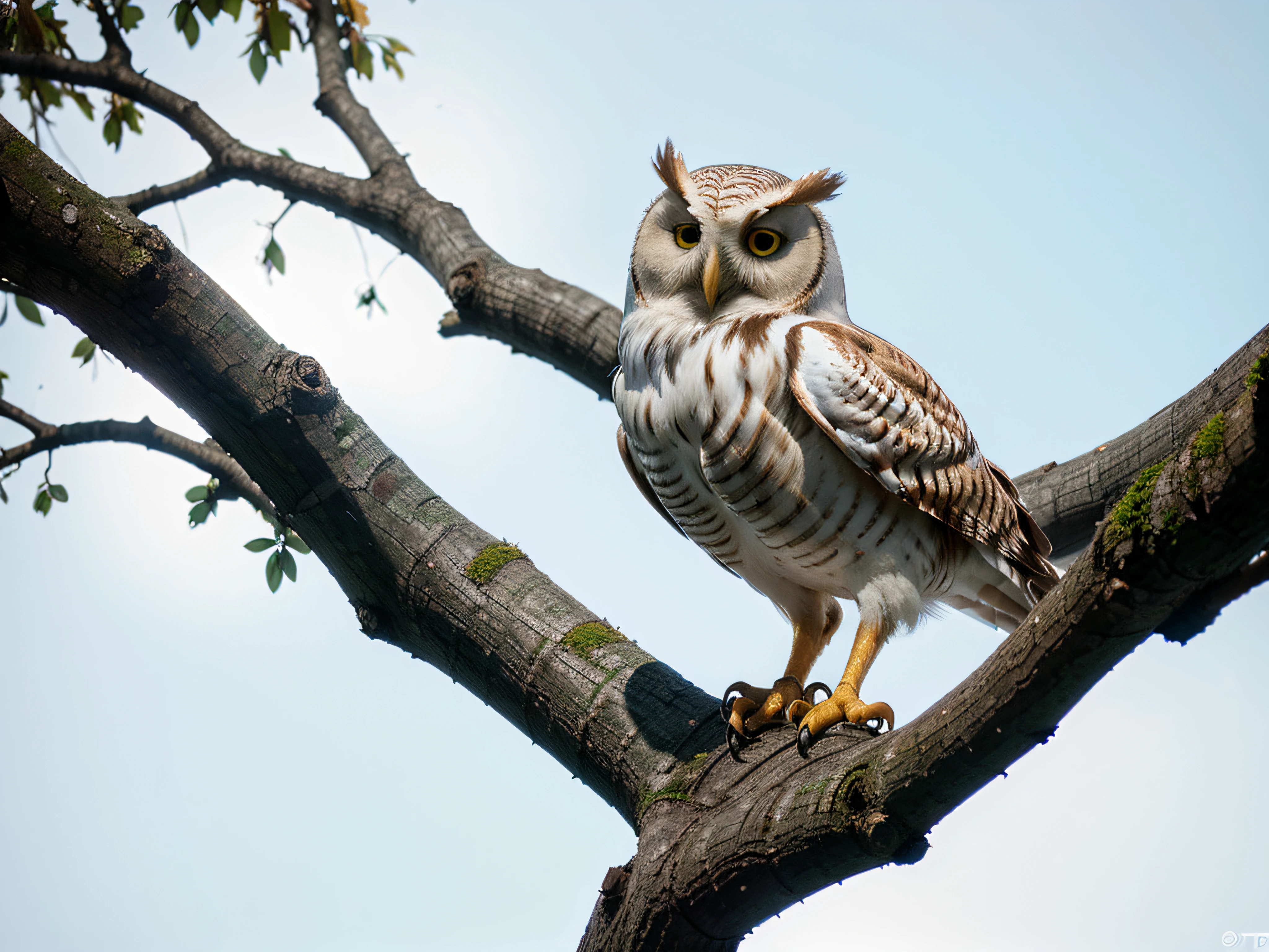 fondo blanco , Stylized colorful owl perched on a huge curved tree branch with sharp defined lines , renderizado 3d ultra realista, Contorno,