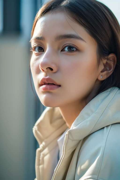 (best quality,ultra-high resolution,photo-realistic:1.4),oversized jacket,white shirt,facing camera,close-up,shivering expression,meaningful gaze,portrait photography,neutral lighting,subtle colors