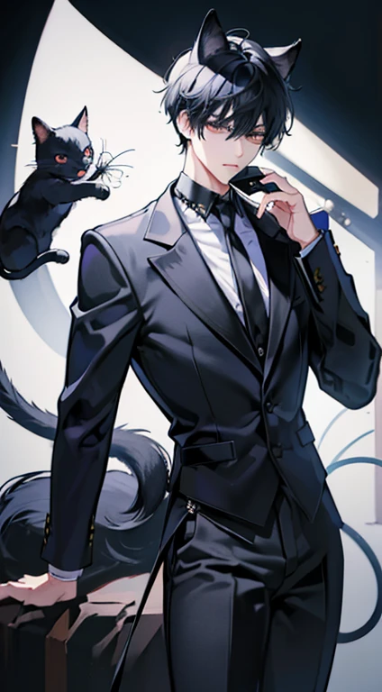"(best quality,8k,highres,masterpiece:1.2),cartoon style,black-haired boy with cat ears and tail,stylish black mask,aesthetic black clothing,slender body"