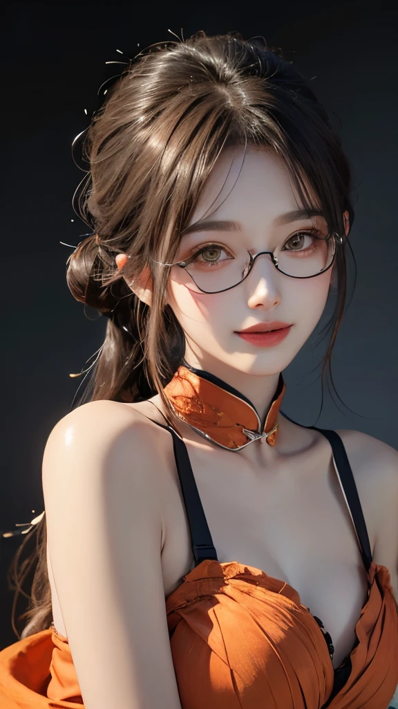 (The content is very detailed:1.3),
1 plump girl, Alone,
Aang_DV, Orange eyes, Half-rimmed glasses, light smile,
hyper-detailing, (A high resolution:1.1), Best quality at best, (tmasterpiece:1.3), 电影灯光,