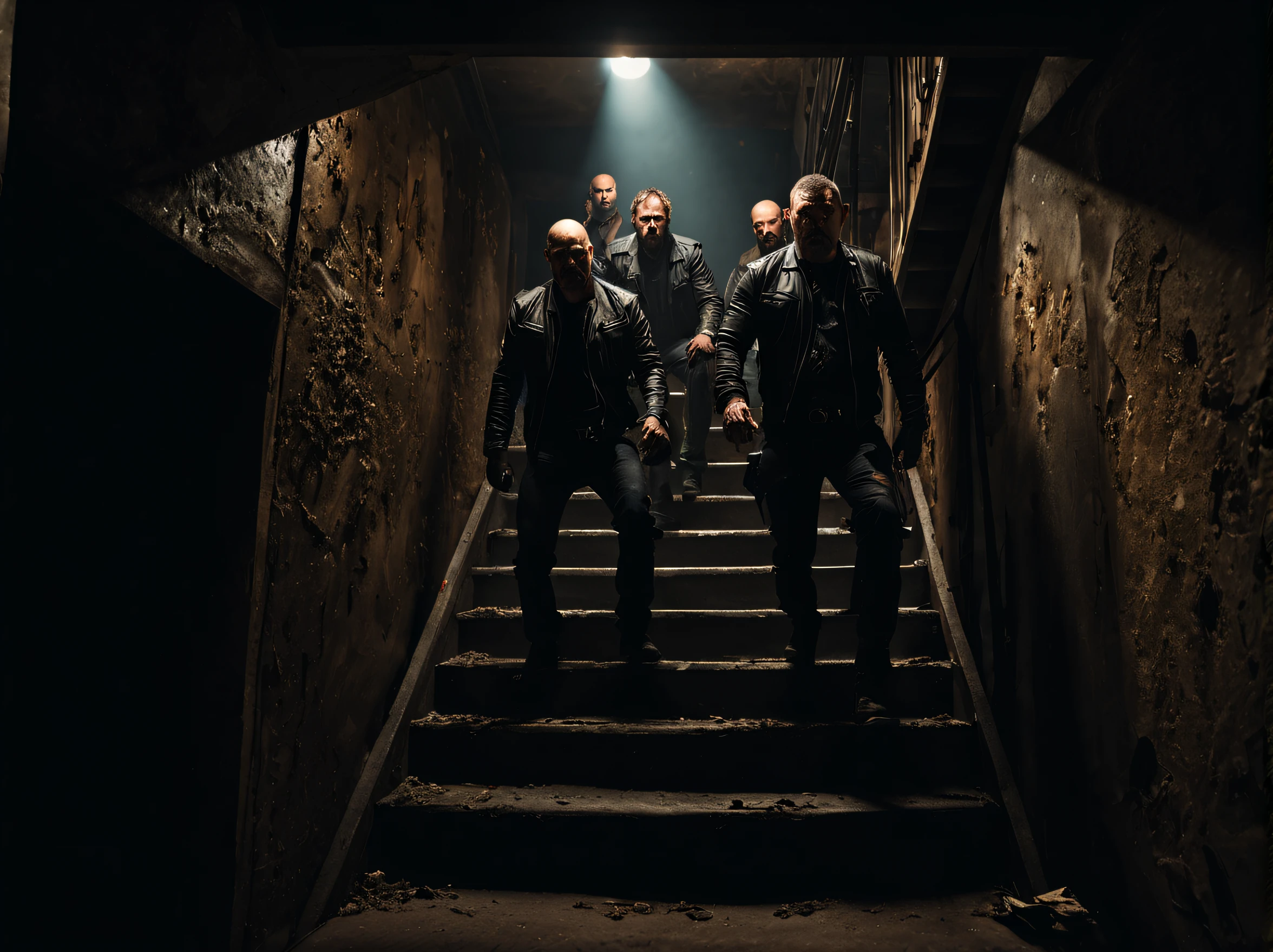 (8k, raw photo, ultra-detailed, masterpiece), the american biker gangs go down the stairs and inside, in the dark cellar stairs, light enters through the open door, angry, violent, competition, negotiation, cinematic lighting, shot on wide angle lens