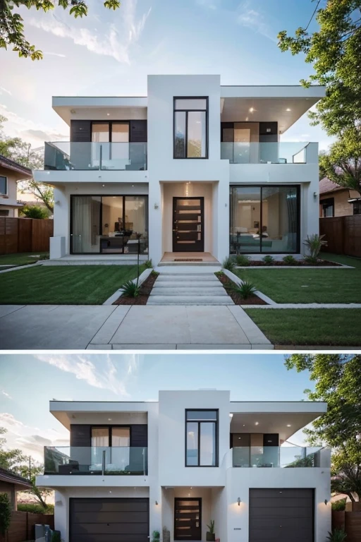 A modern residential house with a twist - the exterior is adorned with a vibrant, eye-catching color palette that will make your heart skip a beat. As you delve into the intricate details of the design, you'll feel like you're stepping into a dream world filled with soft, warm light. This rendering will transport you to a place of pure bliss.