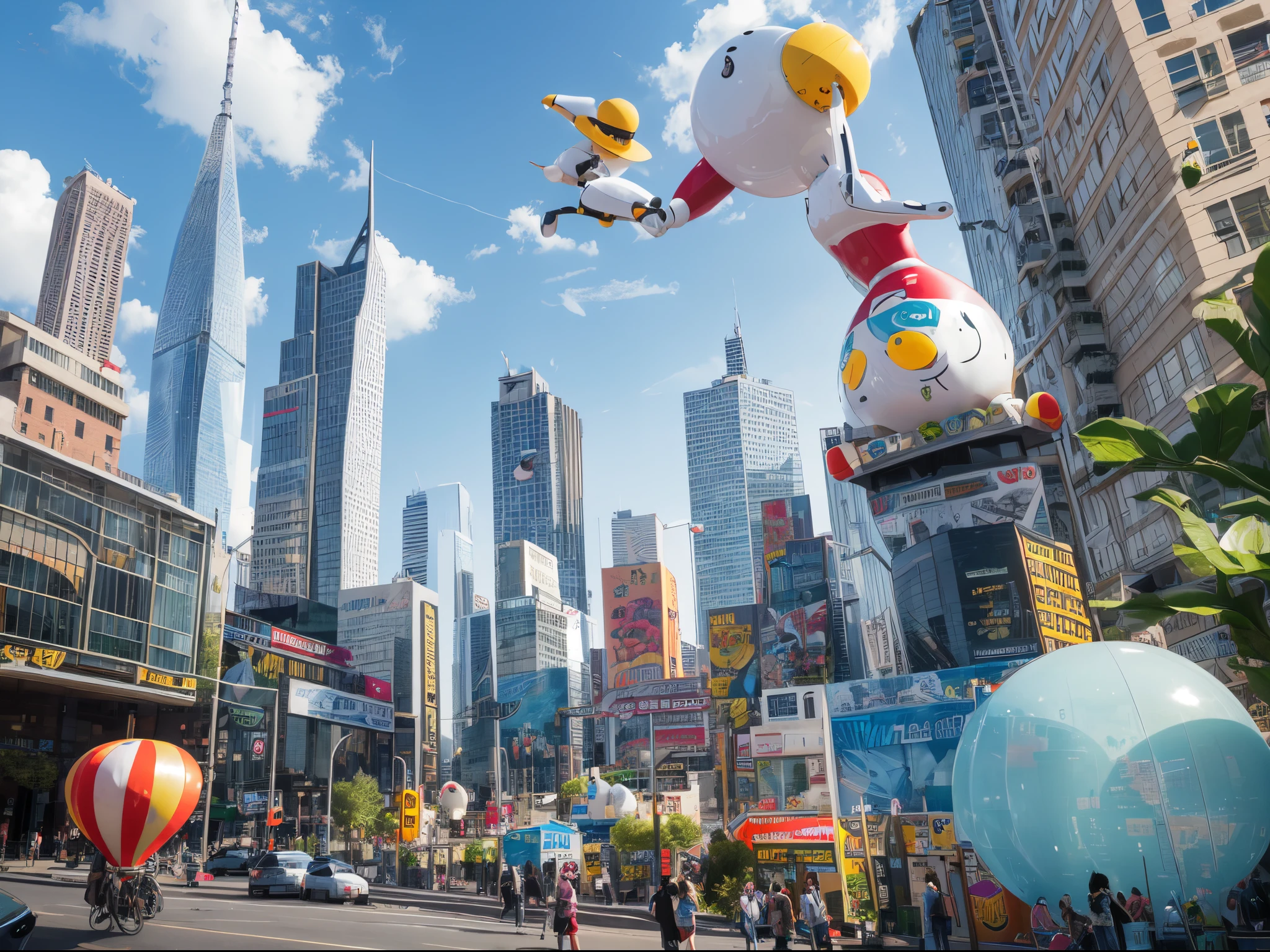 Transform the cityscape into a whimsical, humorous scene reminiscent of a comic book, with buildings shaped like giant light bulbs, dancing robots, and quirky characters adding a touch of comedy to the urban landscape.