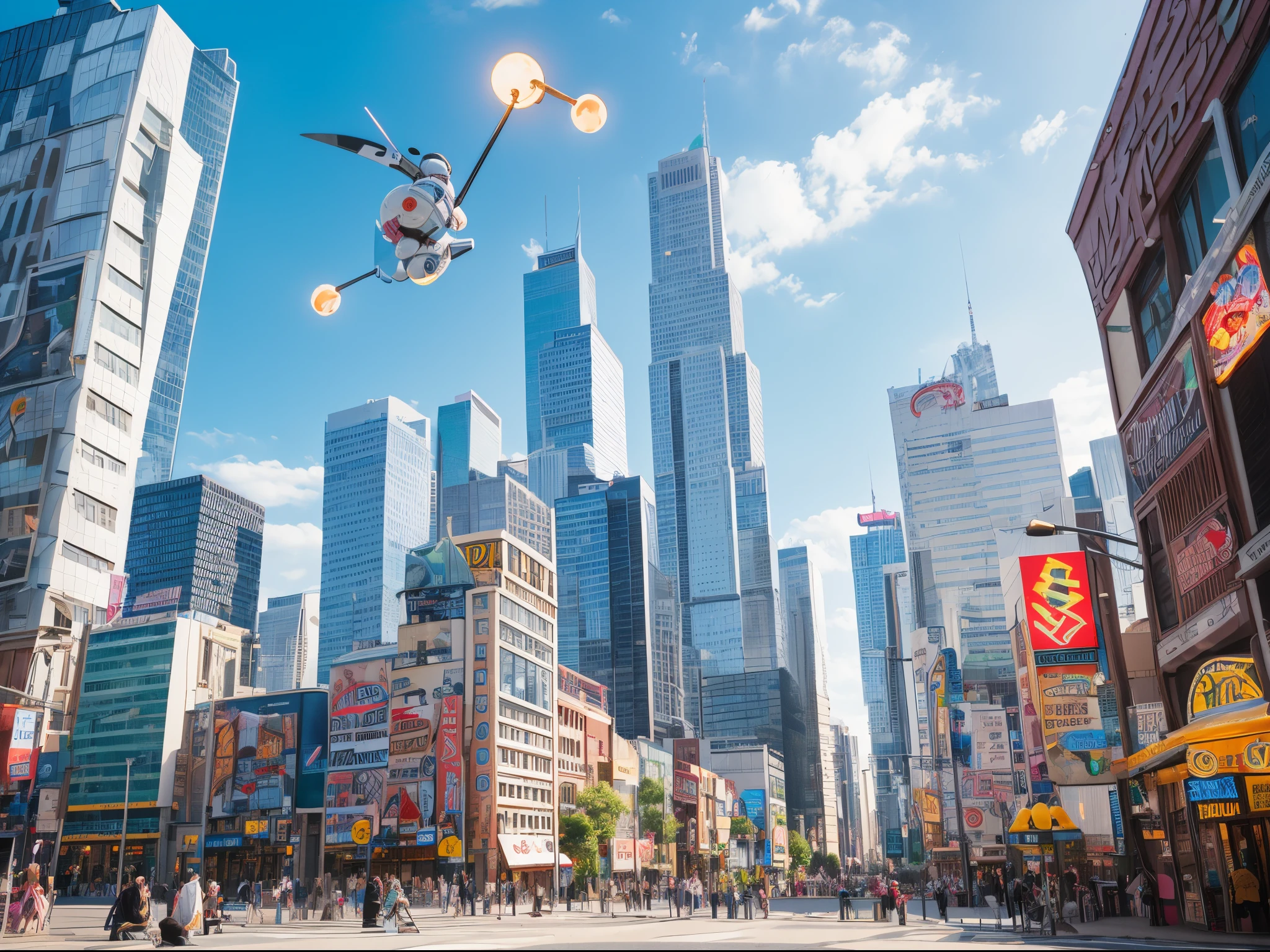 Transform the cityscape into a whimsical, humorous scene reminiscent of a comic book, with buildings shaped like giant light bulbs, dancing robots, and quirky characters adding a touch of comedy to the urban landscape.