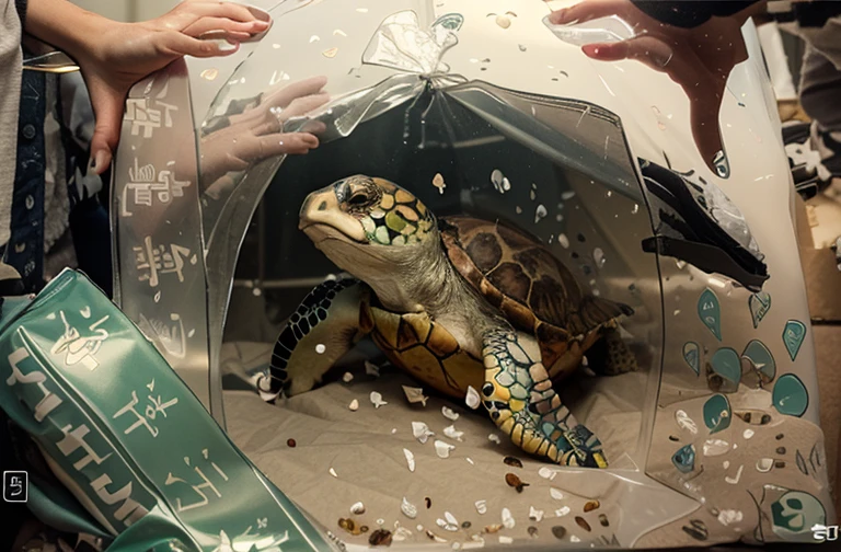 Turtle trapped in plastic bag