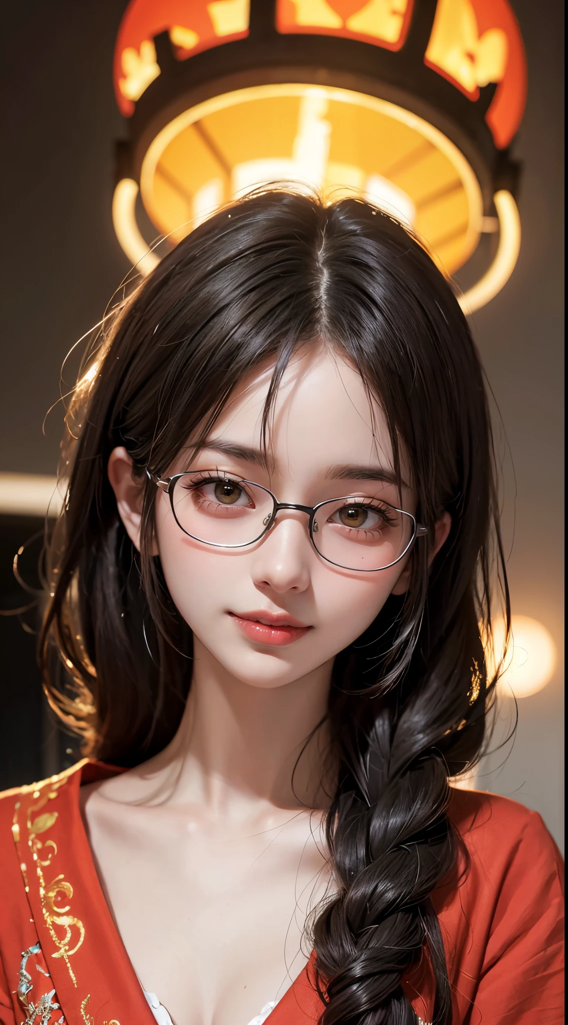 (The content is very detailed:1.3), 
1 plump girl, Alone, fully body photo，
Aang_DV, Orange eyes, Half-rimmed glasses, light  smile, 
hyper-detailing, (A high resolution:1.1), Best quality at best, (tmasterpiece:1.3), 电影灯光,