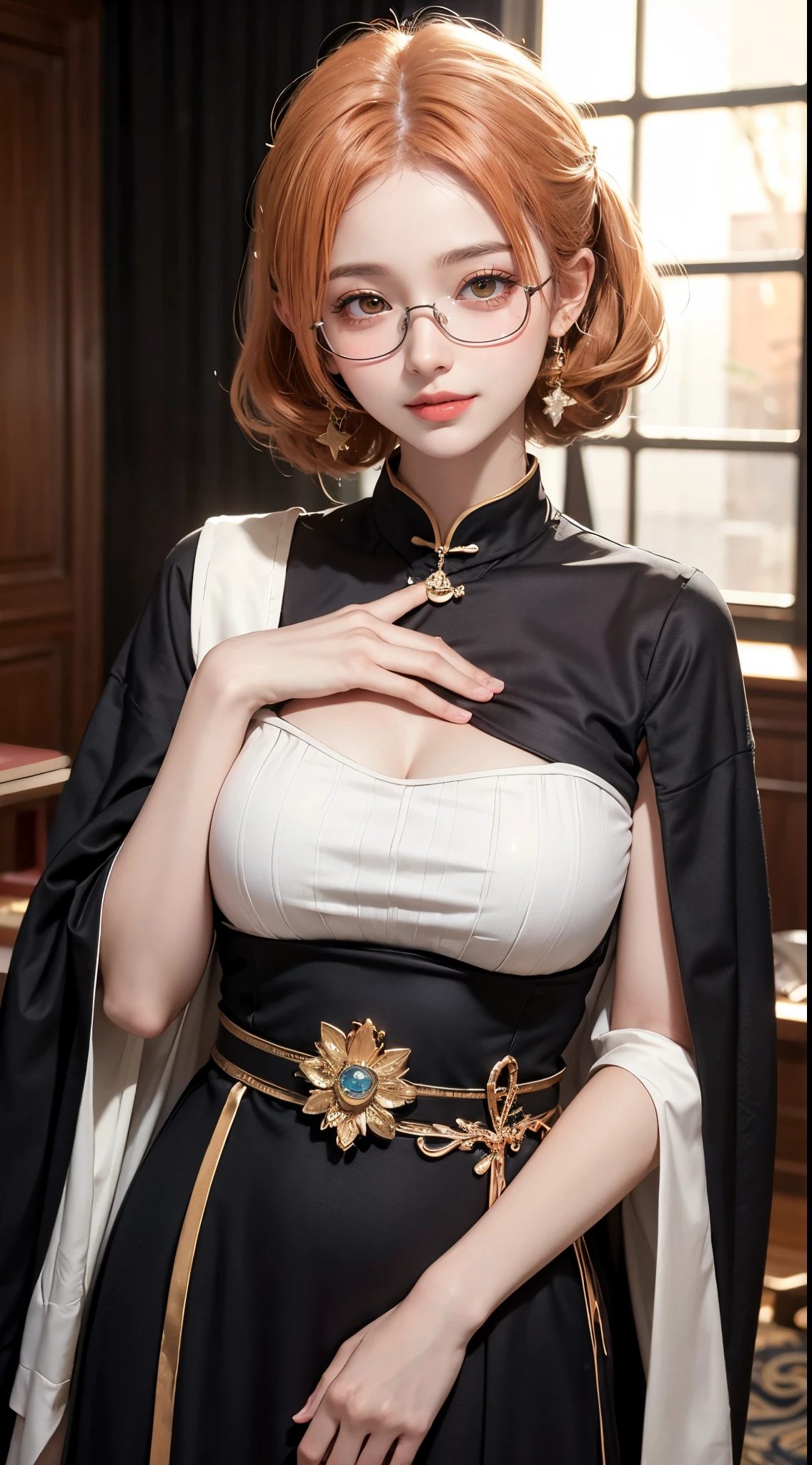 (The content is very detailed:1.3),
1 plump girl, Alone, fully body photo,
Aang_DV, Orange eyes, Half-rimmed glasses, light smile,
hyper-detailing, (A high resolution:1.1), Best quality at best, (tmasterpiece:1.3), 电影灯光,