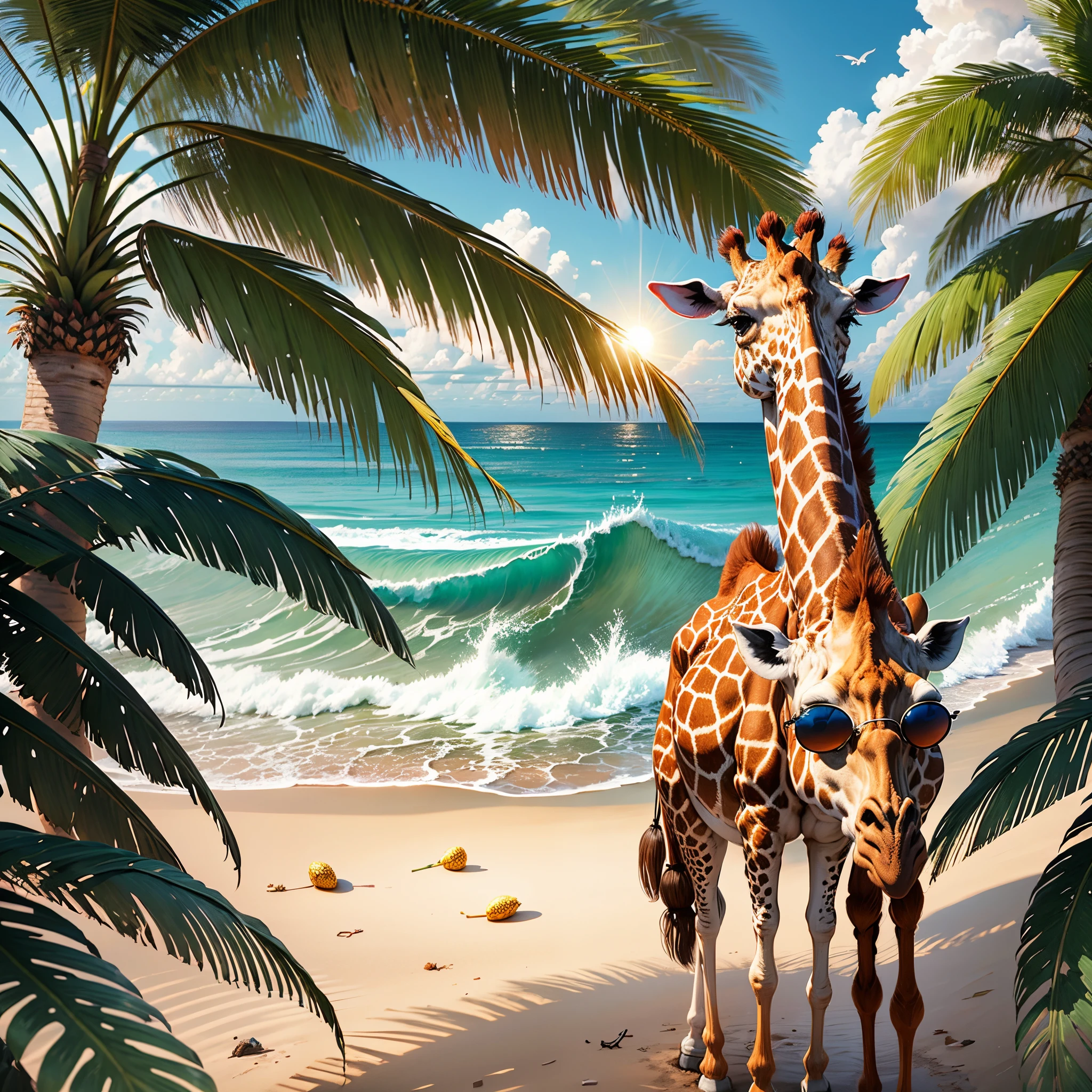 a pink giraffe with sun glasses eating pineapple with surf boards besides him lying on the beach --auto --s2