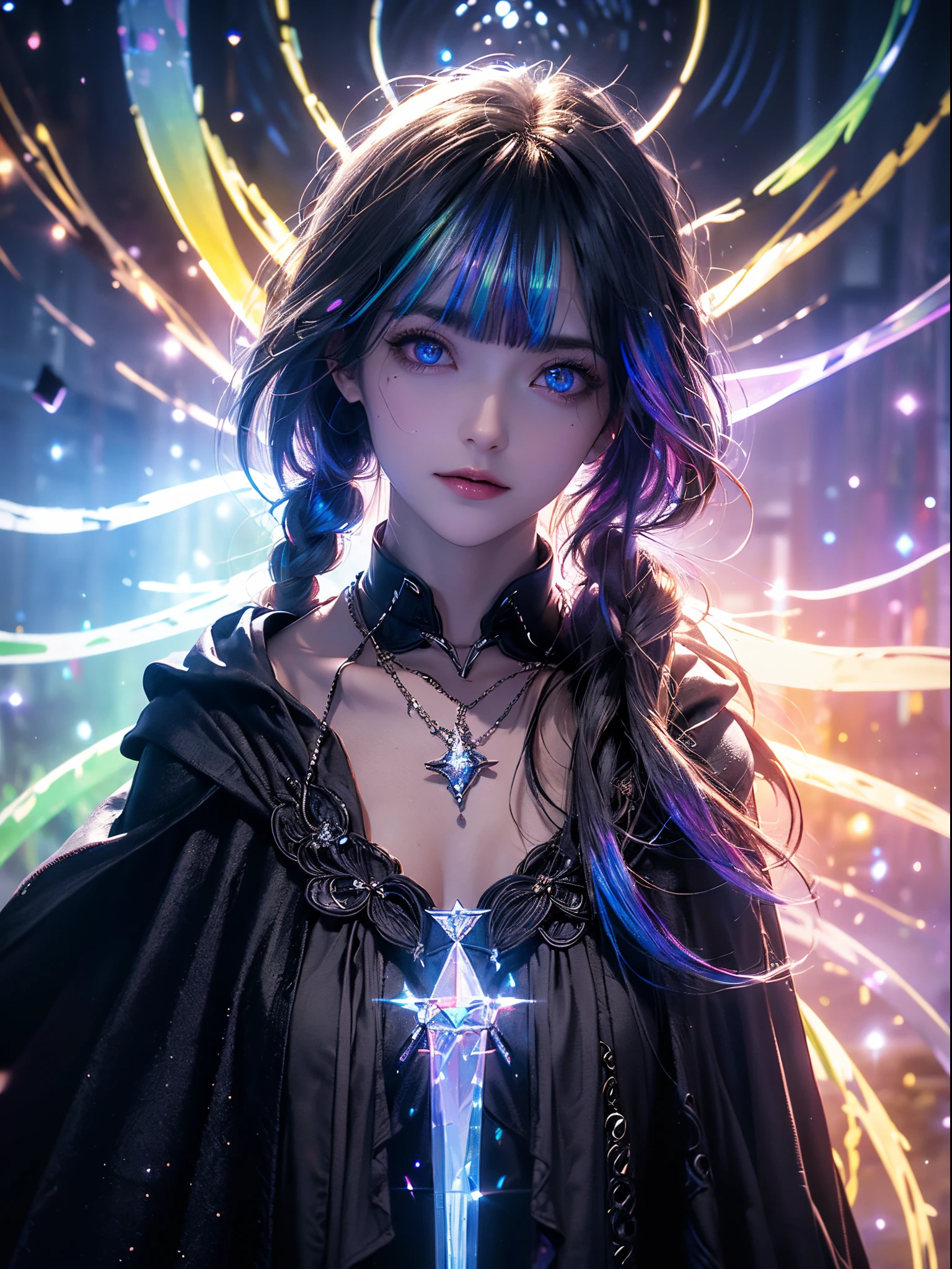 A dark wizard (((with black cloak emanating black aura))), heterochromic luminous eyes, elderberry staff, in the middle of an extremely dark forest with low light, where the sun does not reach, full body, {unity wallpaper Extremely detailed 16k CG}, expansive landscape photography, (a low view with focus on the character and the setting), (wide open field view), (low angle shot), (high light: 1.2), (light low: 1.4), (warm light source: 1.4), complex details, (iridescent colors: 1.4), (bright lighting), (atmospheric lighting), Dreamy, unique, solemn