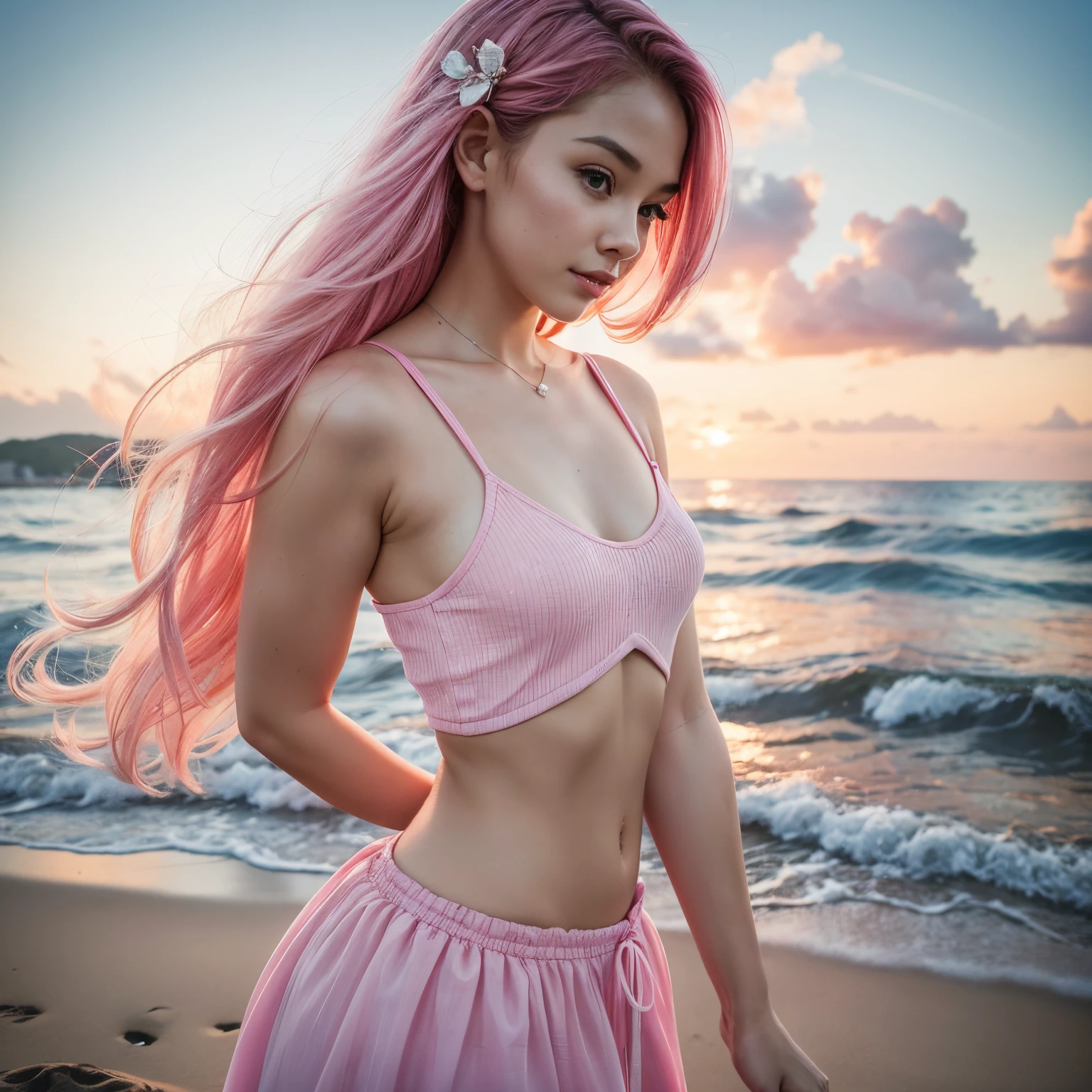 asian woman with long pink hair standing on the beach in a bikini, photo from behind, posing on a beach with the ocean, in the beach, picture from behind, gorgeous bikini model, looking from behind, view from behind, on a beach,her face cannot be seen, backview, pinkhead girl, beach, posing on the beach, sexy girl