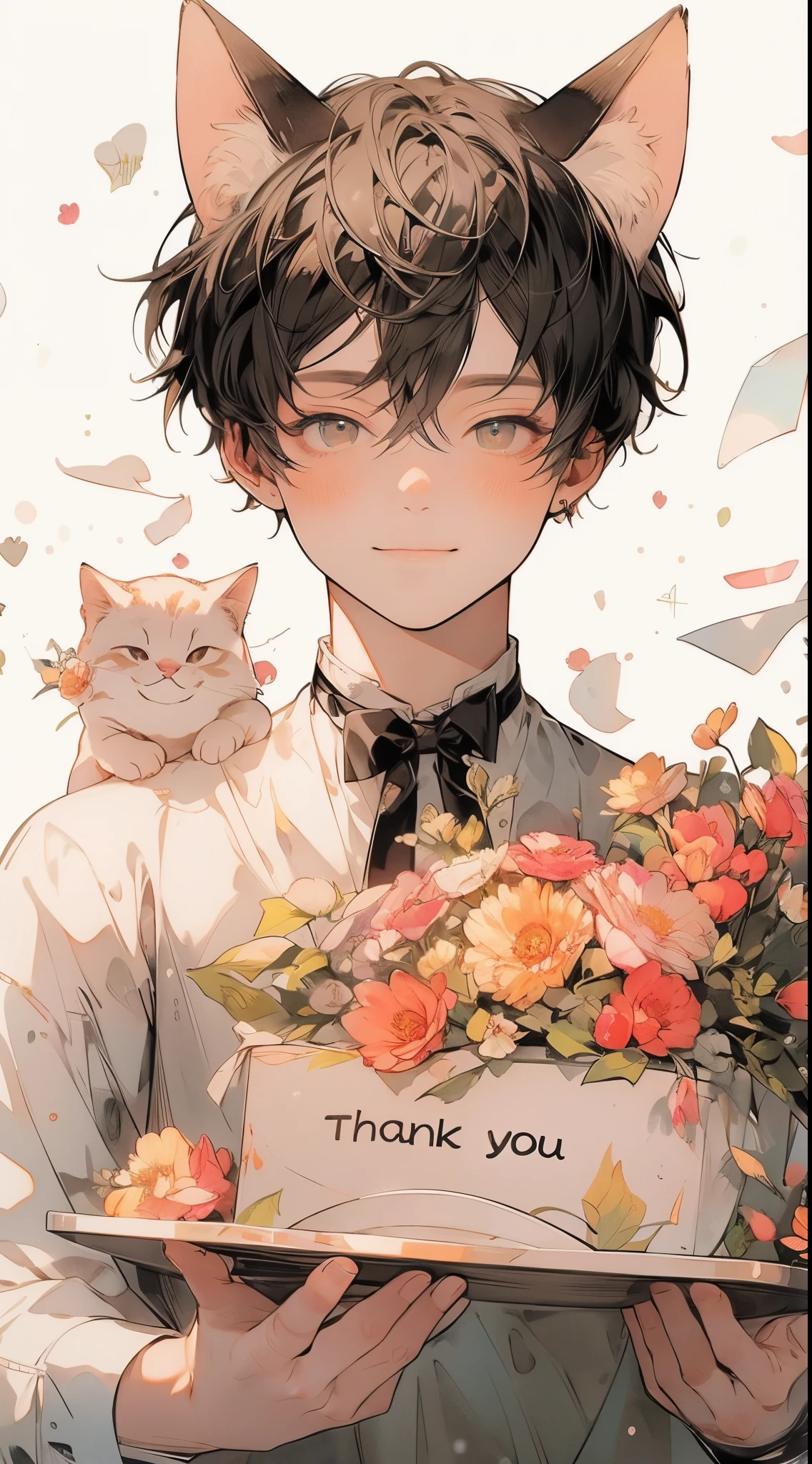 Masterpiece, highest image quality, highest quality, , Clear line drawing, transparent watercolor, clear shading, Beautiful young man, front view, dark hair, short hair, cat ears, holding a plate that says "thank you", piles of gifts, festive flowers, and an incredible smile,high quality, amount of drawing, pixiv illustration