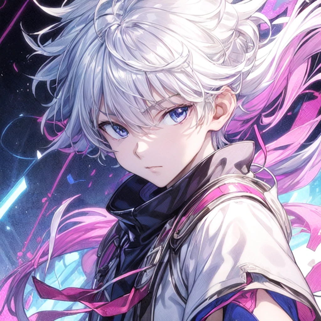 ((masterpiece)),((best quality)),((ultra-detailed)),((high resolution)),((extremely detailed CG)),((unity 8k wallpaper)), there is a poster of a anime character with white hair and purple streaks with colorful spots, 1boy, male focus, solo, white hair, looking at viewer,GlowingRunes_purple