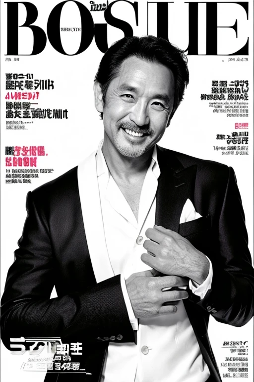 esquire cover,Ken Watanabe,black-and-white,a smile,Uncle