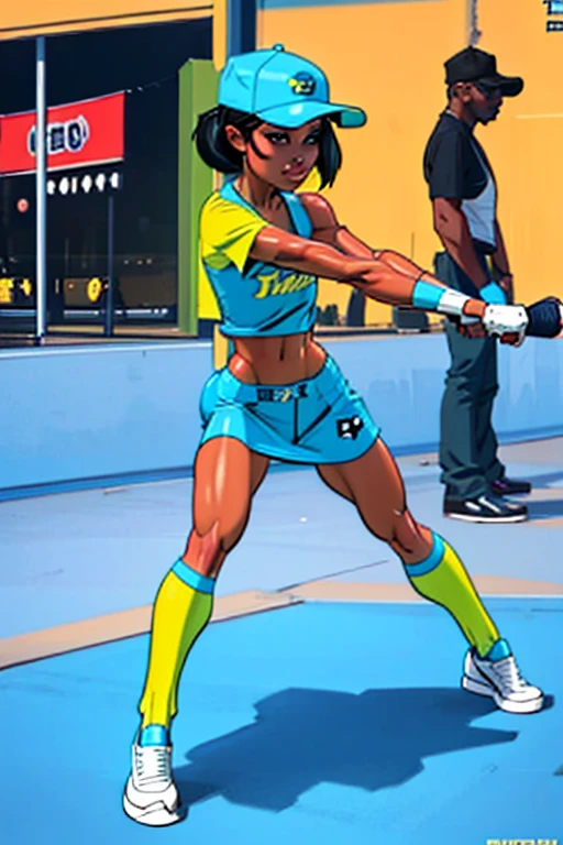 illustration of cartoon girl character, Indian girl, wearing a yellow baseball cap, holding a baseball bat, in action, futuristic baseball attire, full body image, character design sheet,