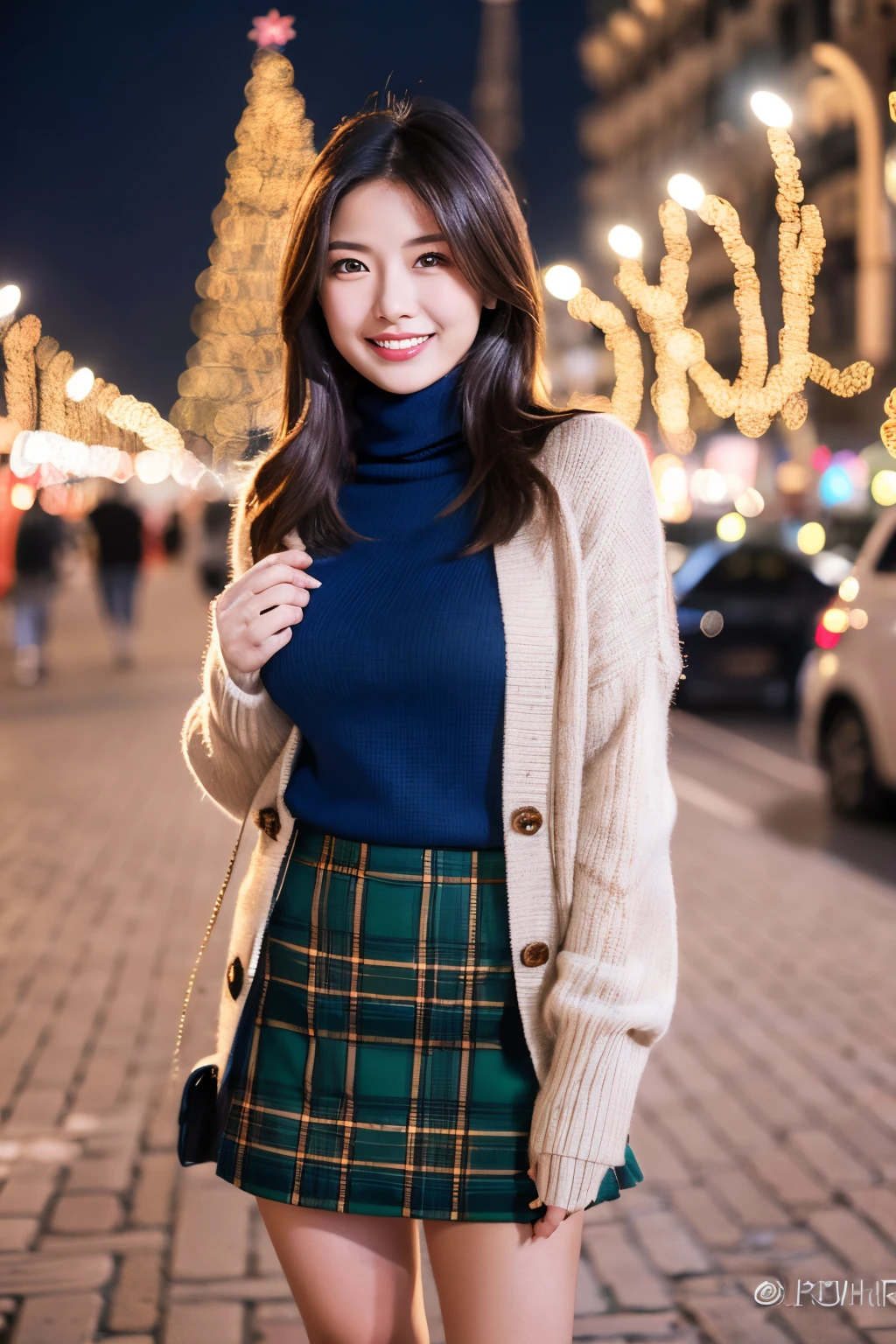 Masterpiece, top quality, high resolution, amazingly beautiful woman, unsexy winter fashion, wearing a turtleneck sweater, dark blue plaid skirt, straight hair, small breasts, natural colored lips, smile, Christmas night cityscape, (background of gorgeous Christmas tree illuminations), looking at camera, ((full body shot)),